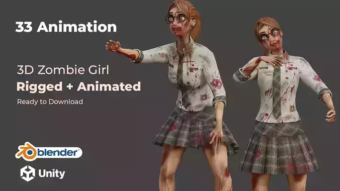 Cartoon School Girl Zombie Rigged and Animation Blender Unity Low-poly 3D model