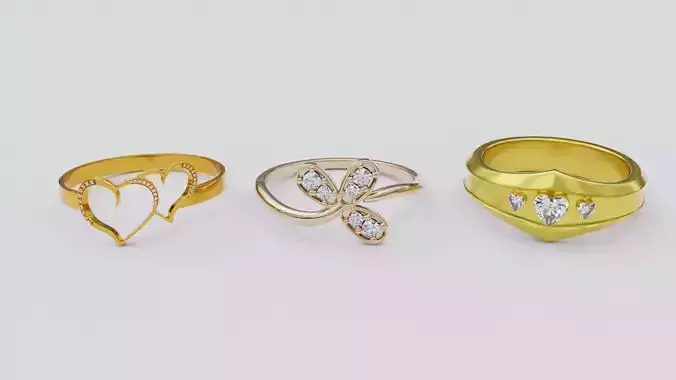 Three gold rings with diamonds 3D print model