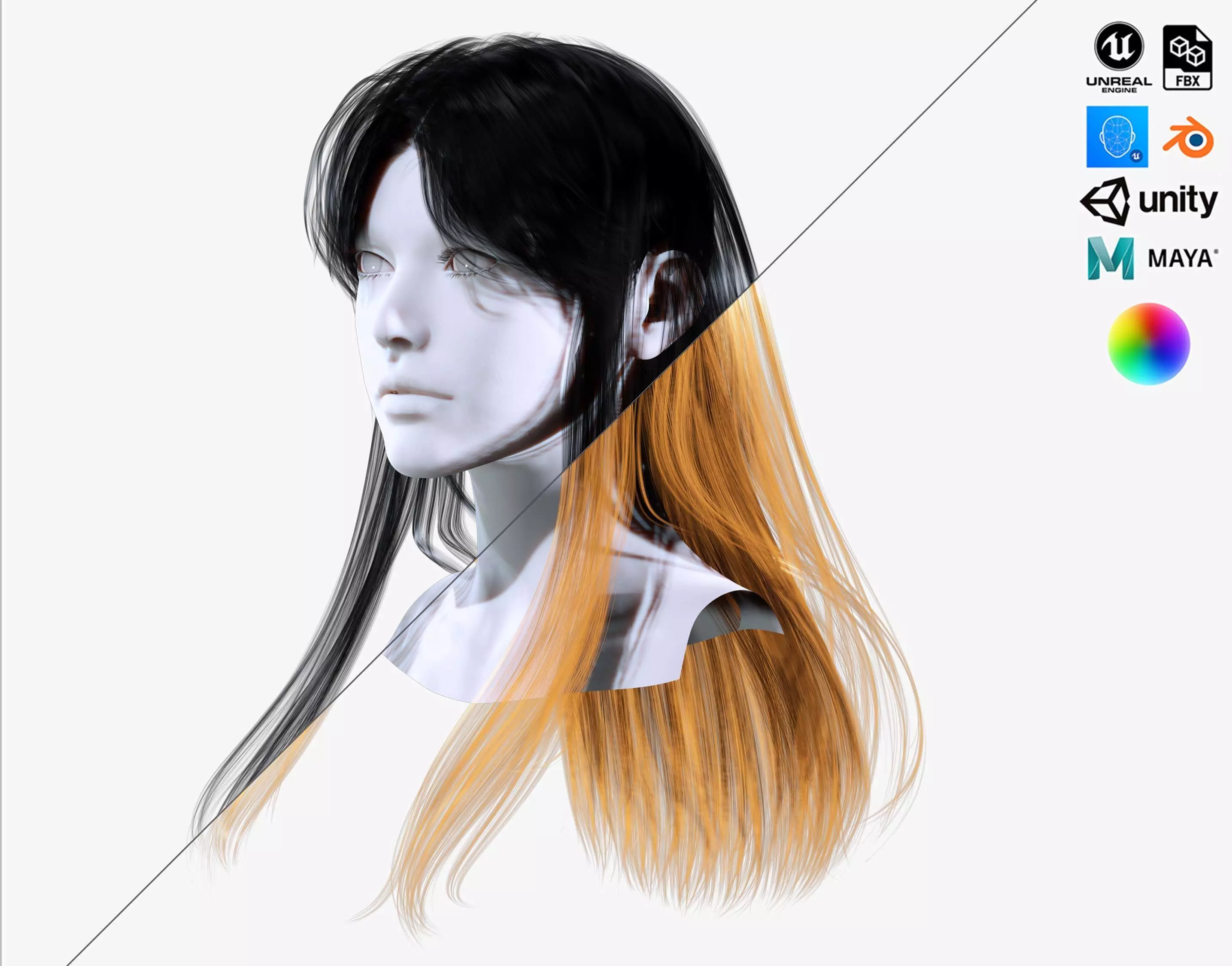 Female Hair - Classic Long Hair Cards Low-poly 3D model_0