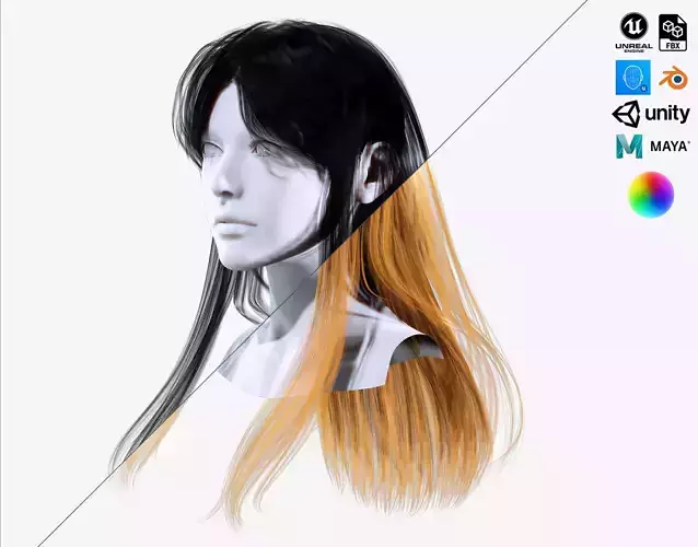 Female Hair - Classic Long Hair Cards Low-poly 3D model