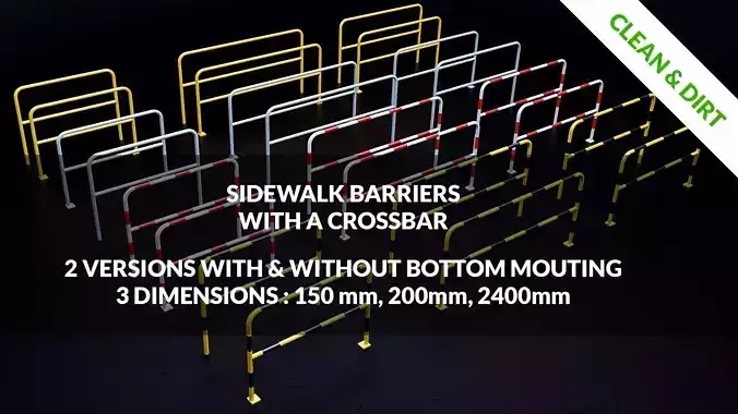 Sidewalk Rail Barriers with crossbar - 3 varriants Low-poly 3D model