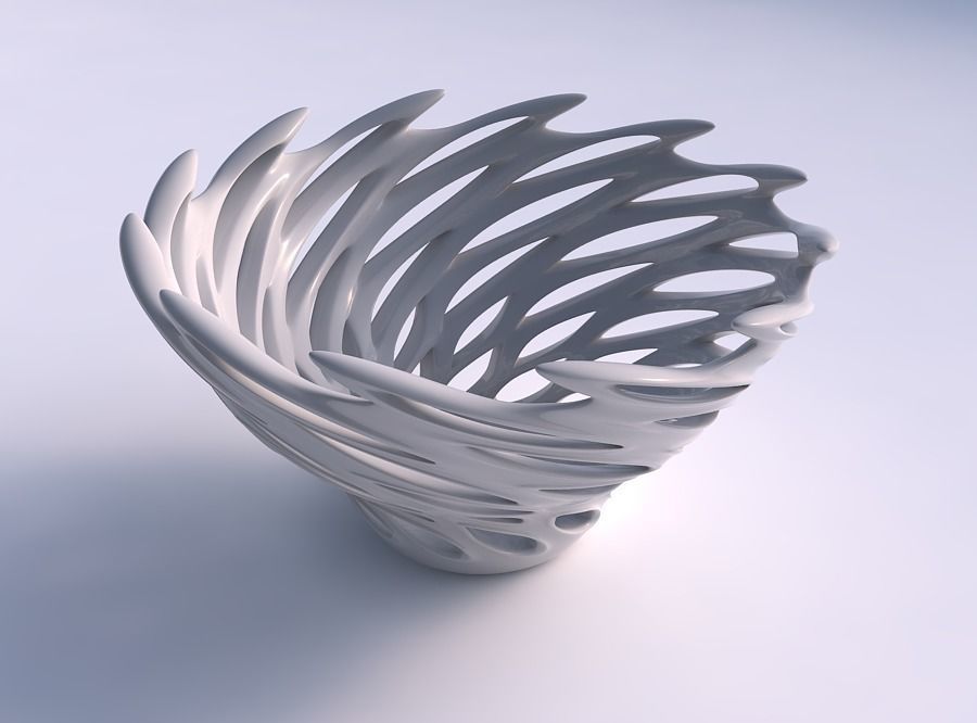 Bowl wide with smooth cuts and uneven top edge twisted 3D print model_0