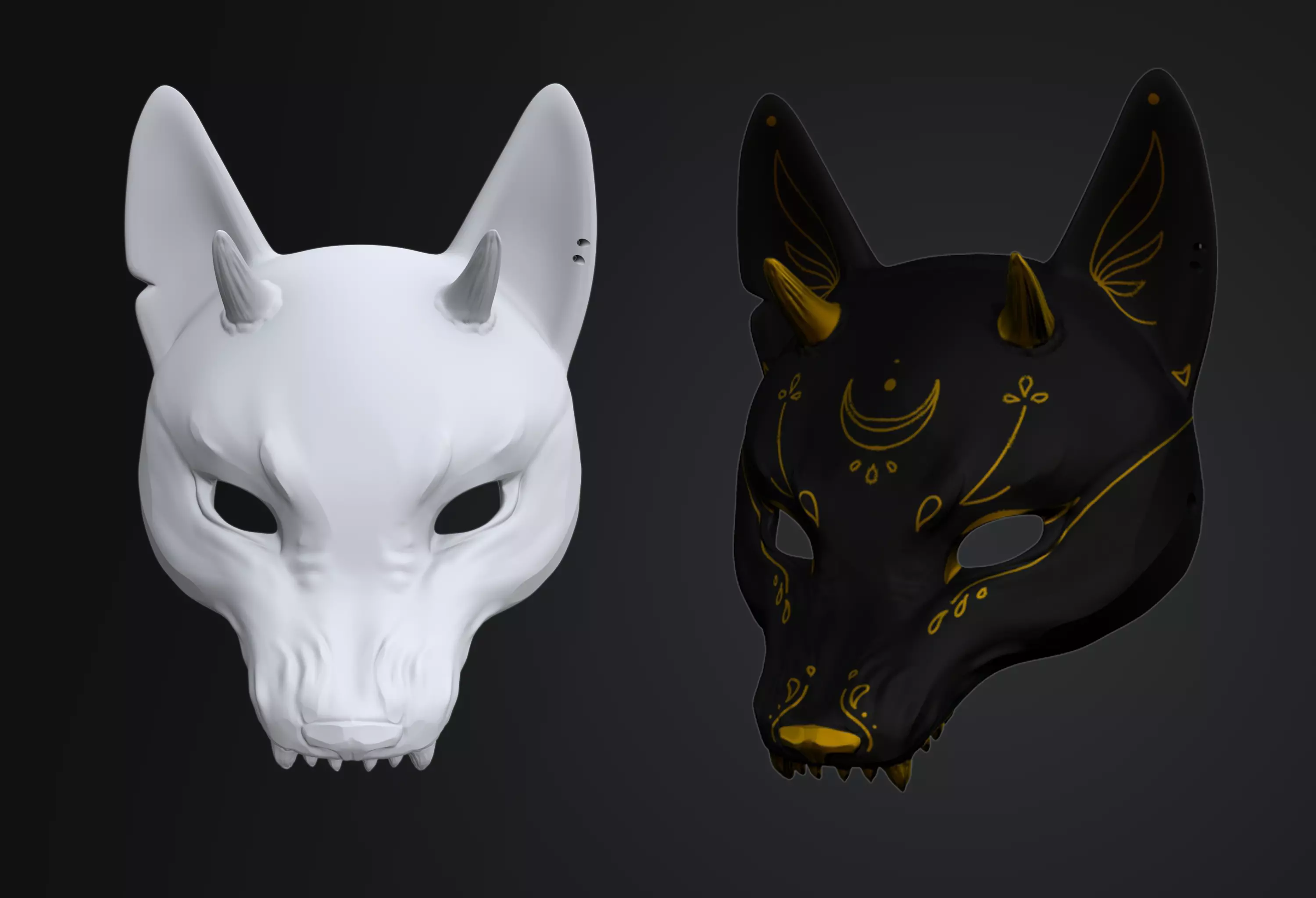 Japanese Fox Mask Kitsune with horns for cosplay 3D print model_0