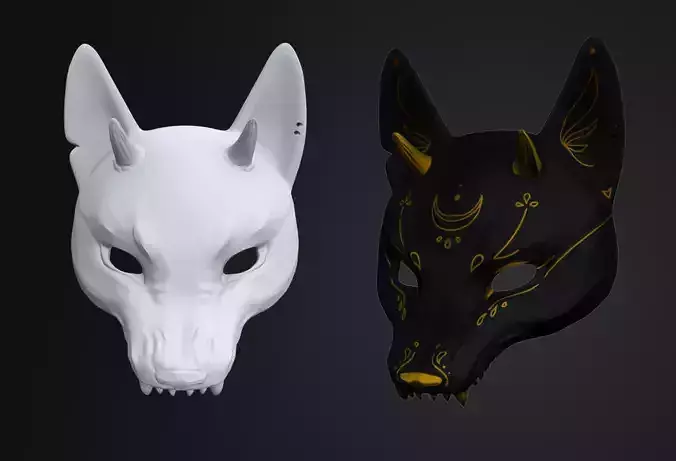 Japanese Fox Mask Kitsune with horns for cosplay