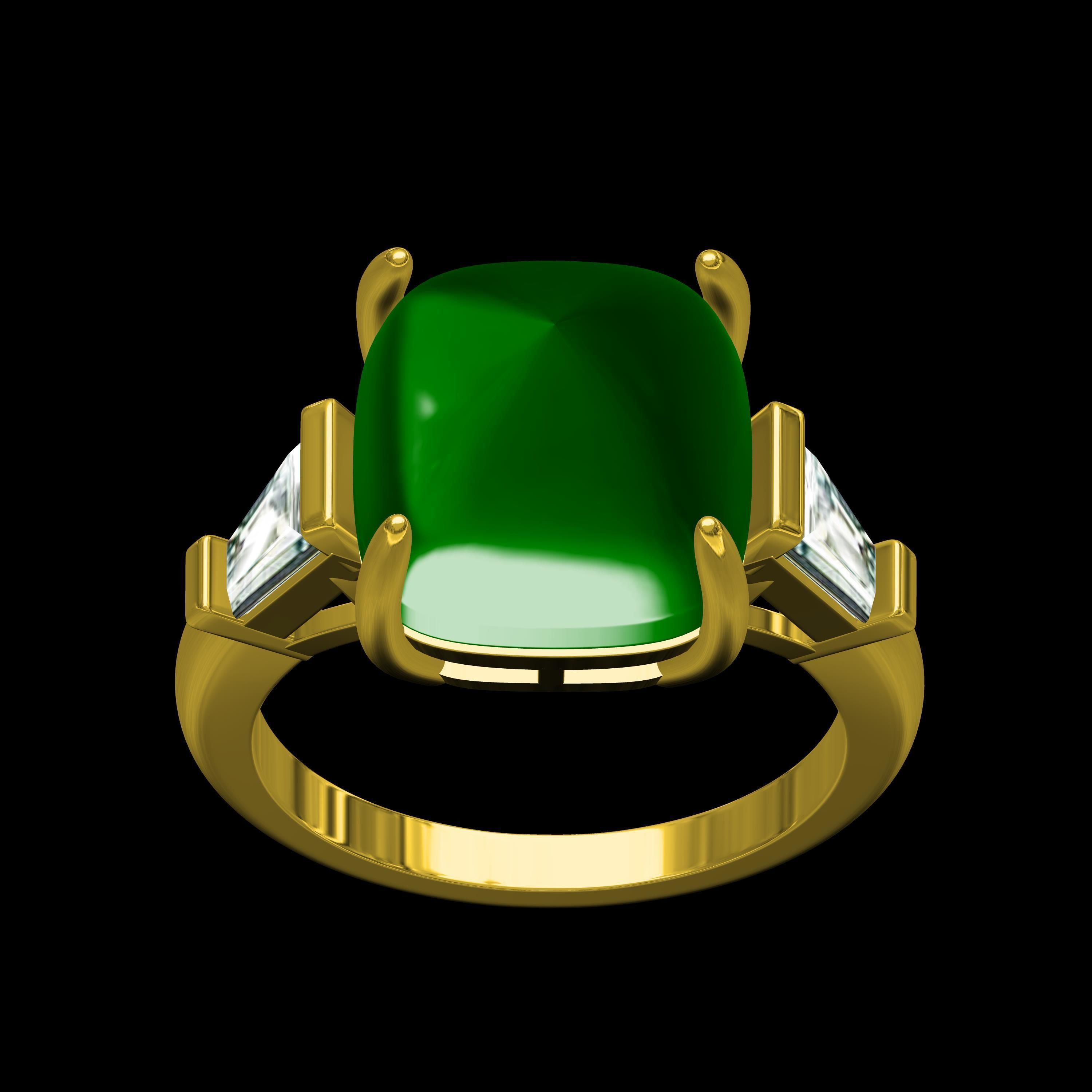 Emerald Cabochon and Baguette Diamond Three Stone Ring 3D print model_7