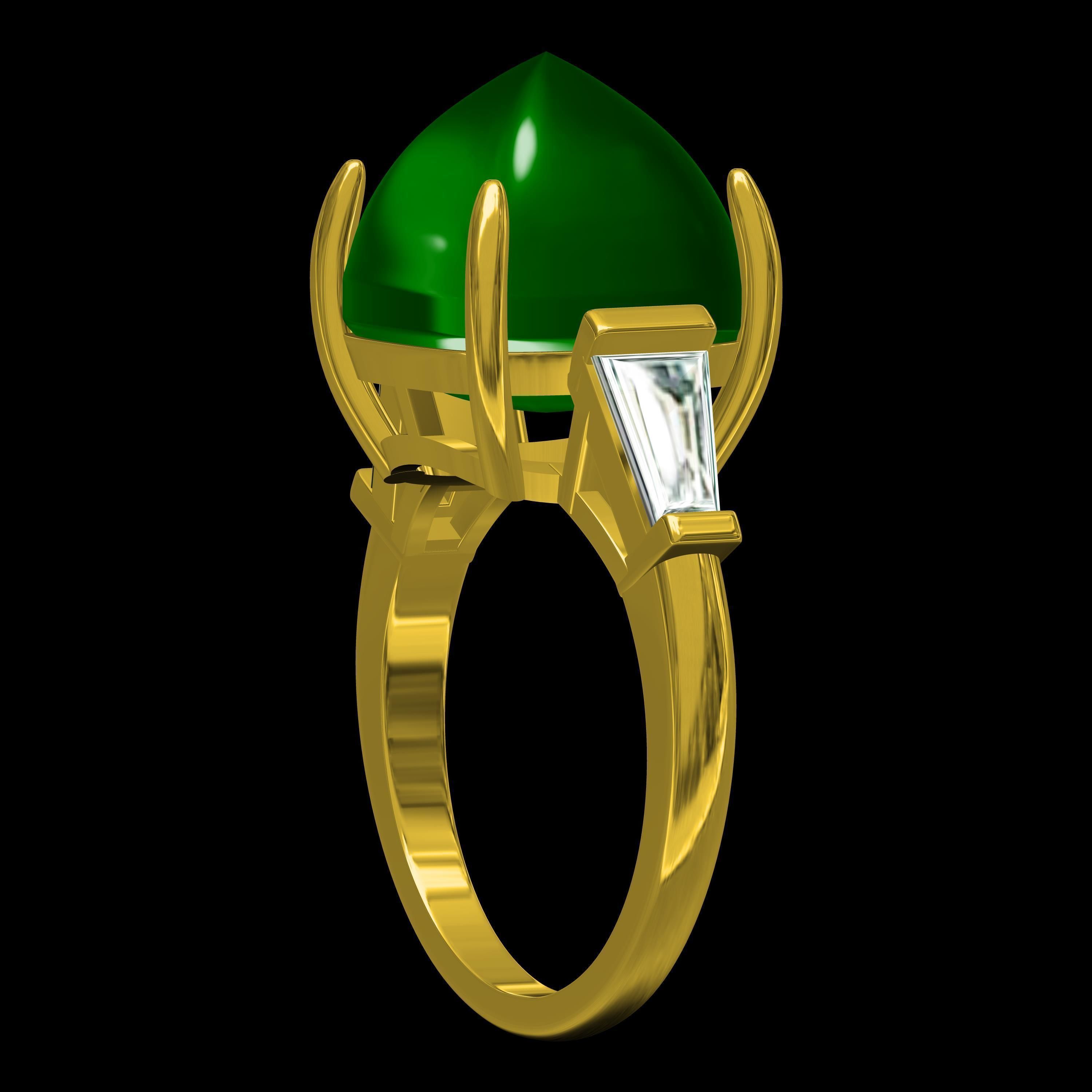 Emerald Cabochon and Baguette Diamond Three Stone Ring 3D print model_10