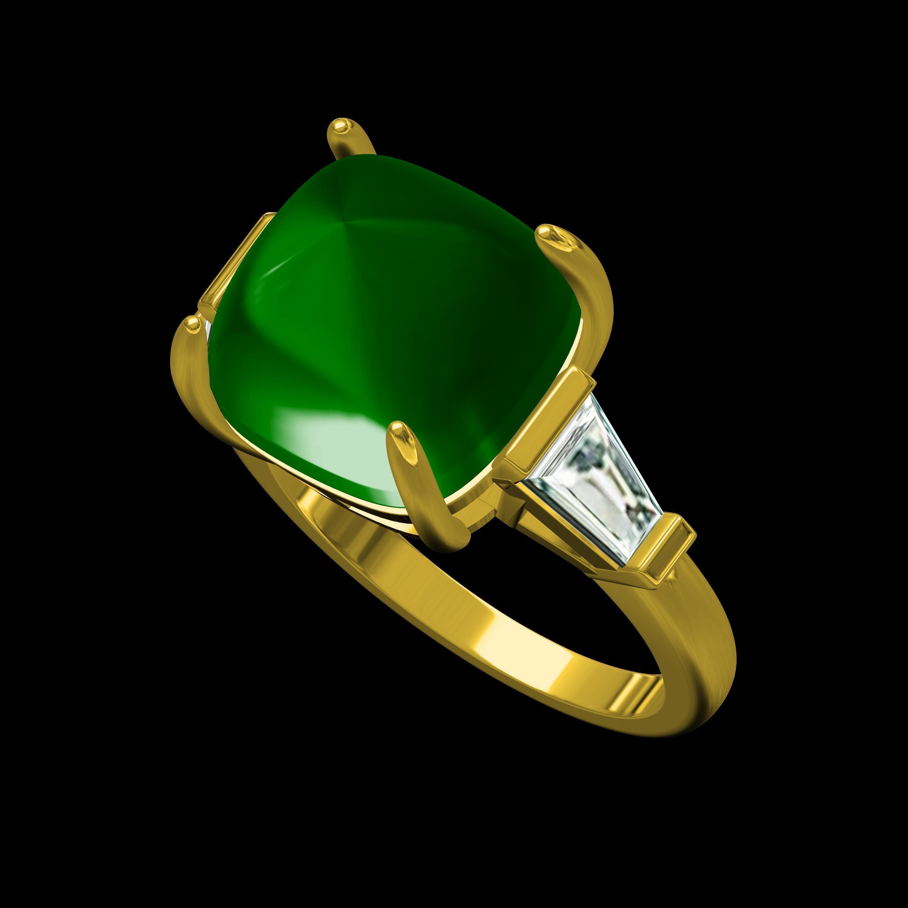 Emerald Cabochon and Baguette Diamond Three Stone Ring 3D print model_8