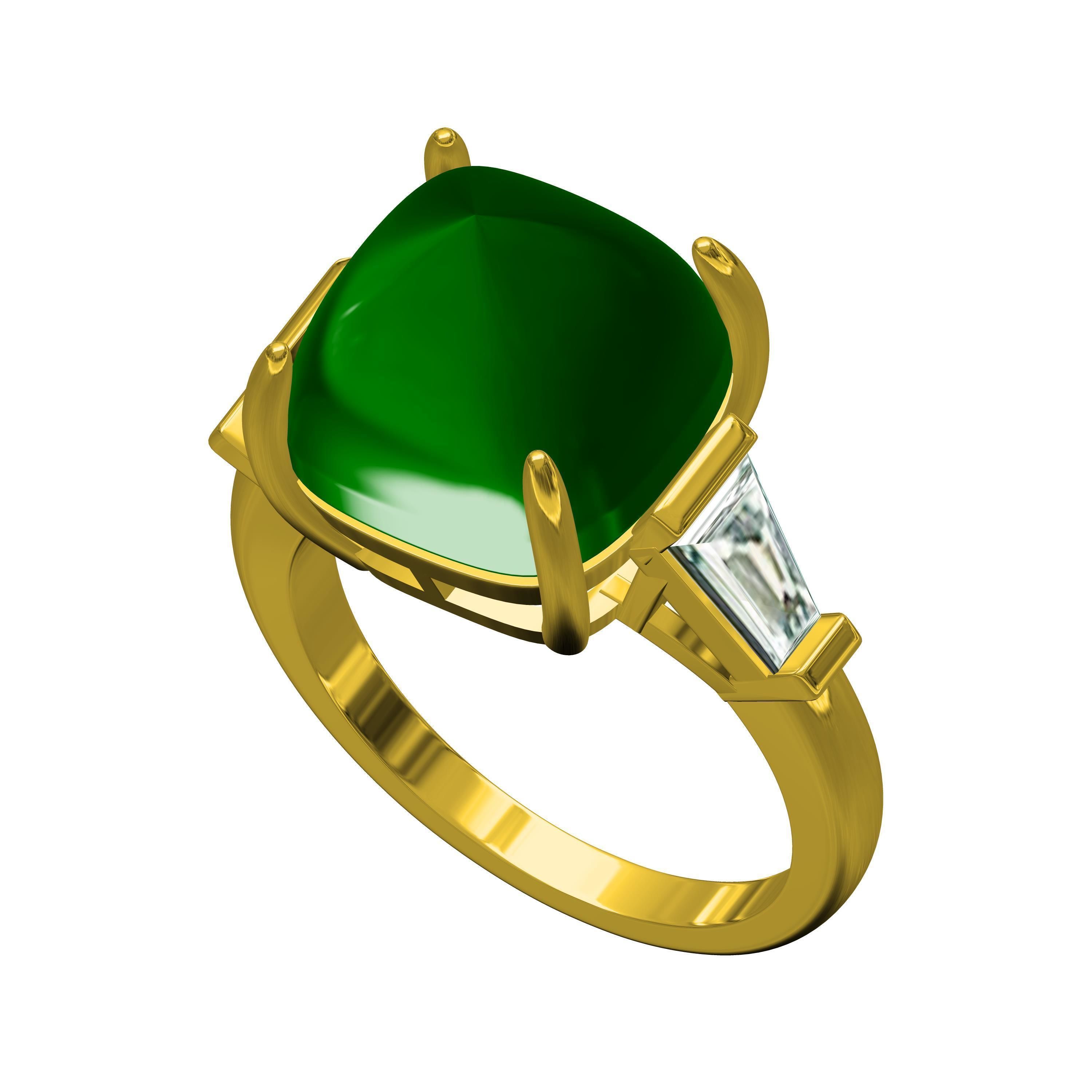 Emerald Cabochon and Baguette Diamond Three Stone Ring 3D print model_1