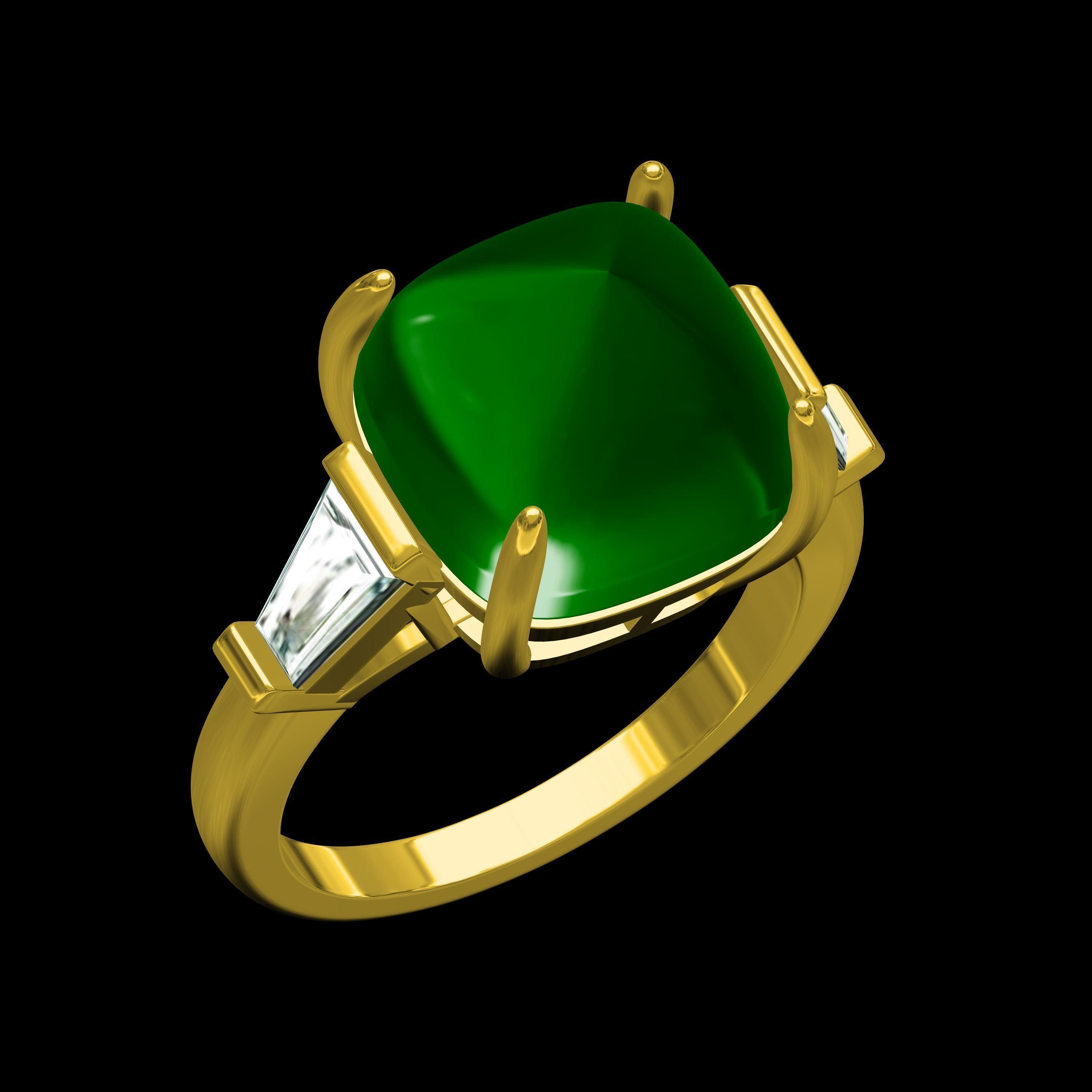 Emerald Cabochon and Baguette Diamond Three Stone Ring 3D print model_9