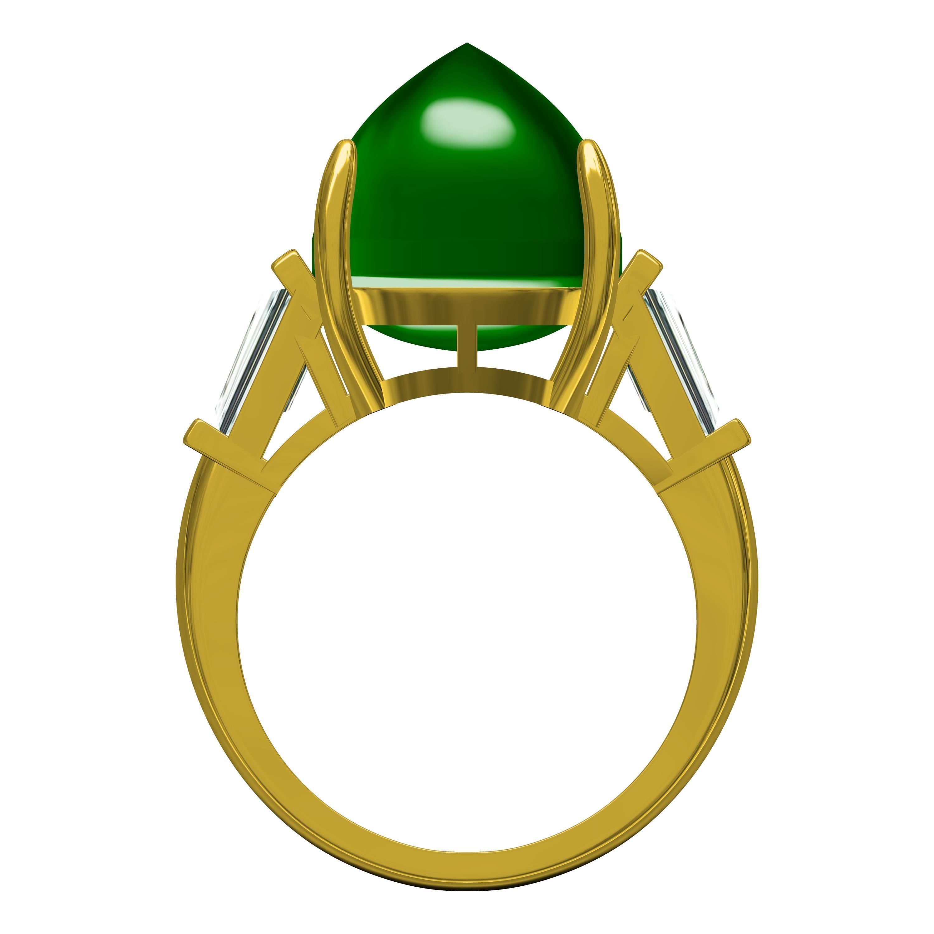 Emerald Cabochon and Baguette Diamond Three Stone Ring 3D print model_3
