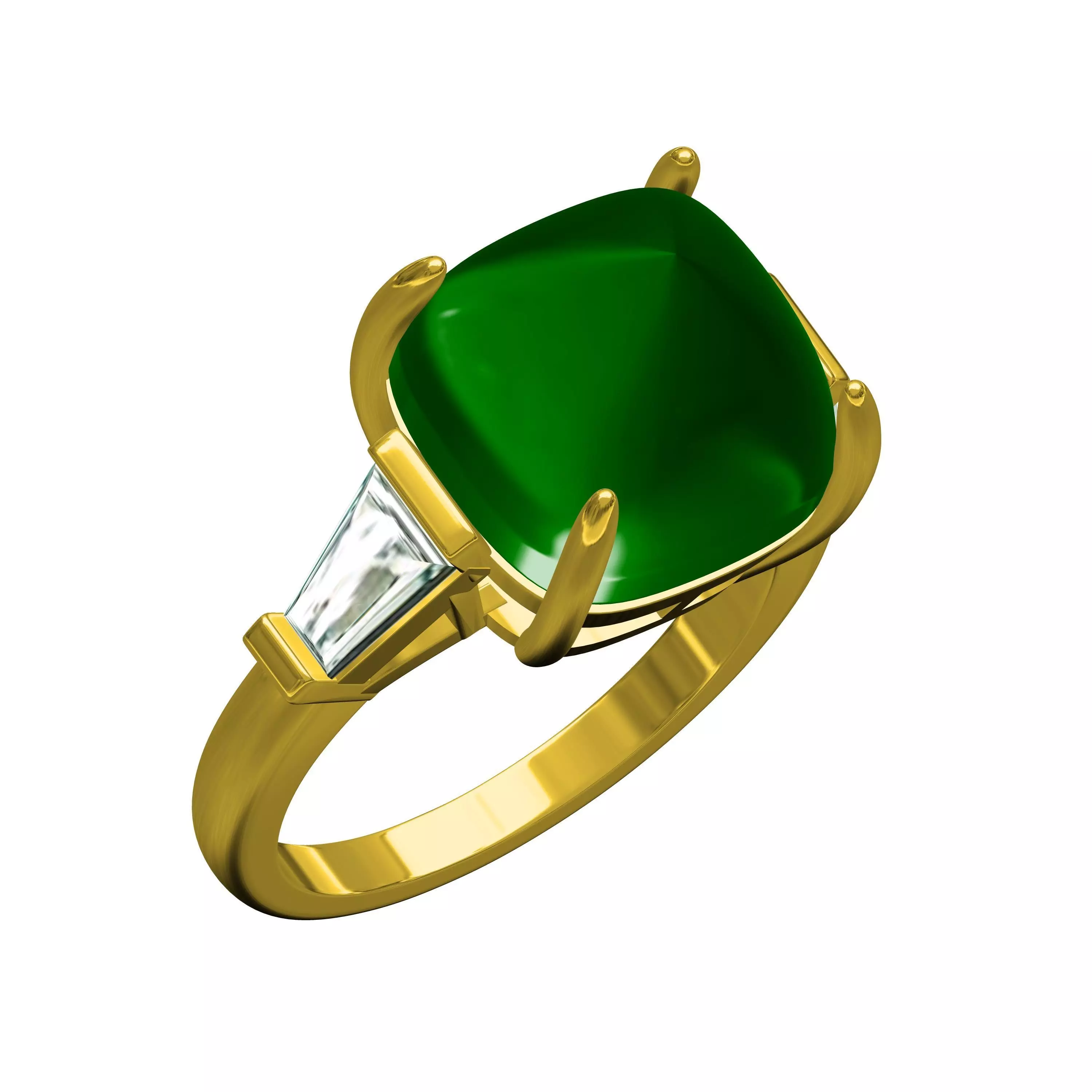 Emerald Cabochon and Baguette Diamond Three Stone Ring 3D print model_0