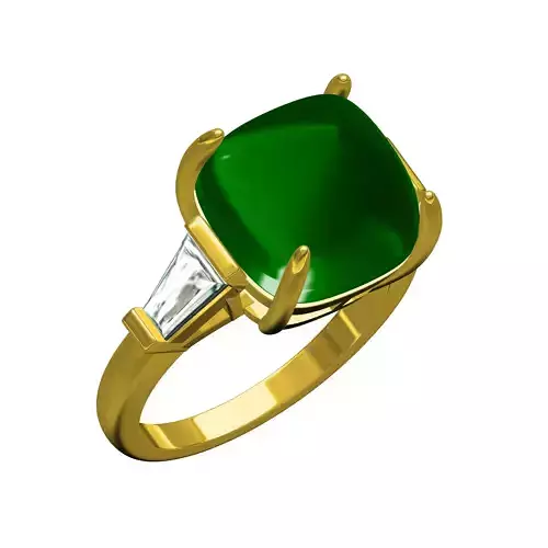 Emerald Cabochon and Baguette Diamond Three Stone Ring