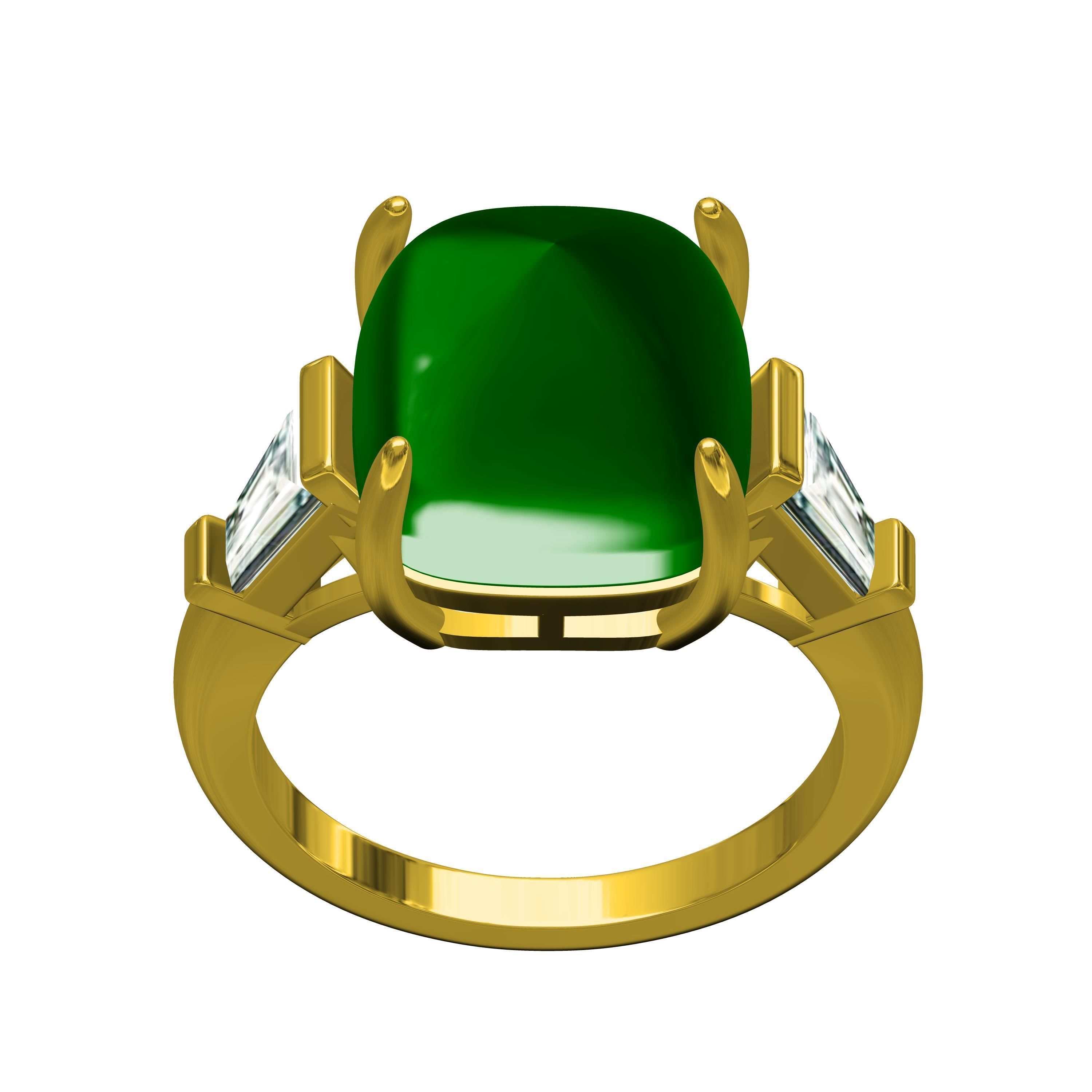 Emerald Cabochon and Baguette Diamond Three Stone Ring 3D print model_2