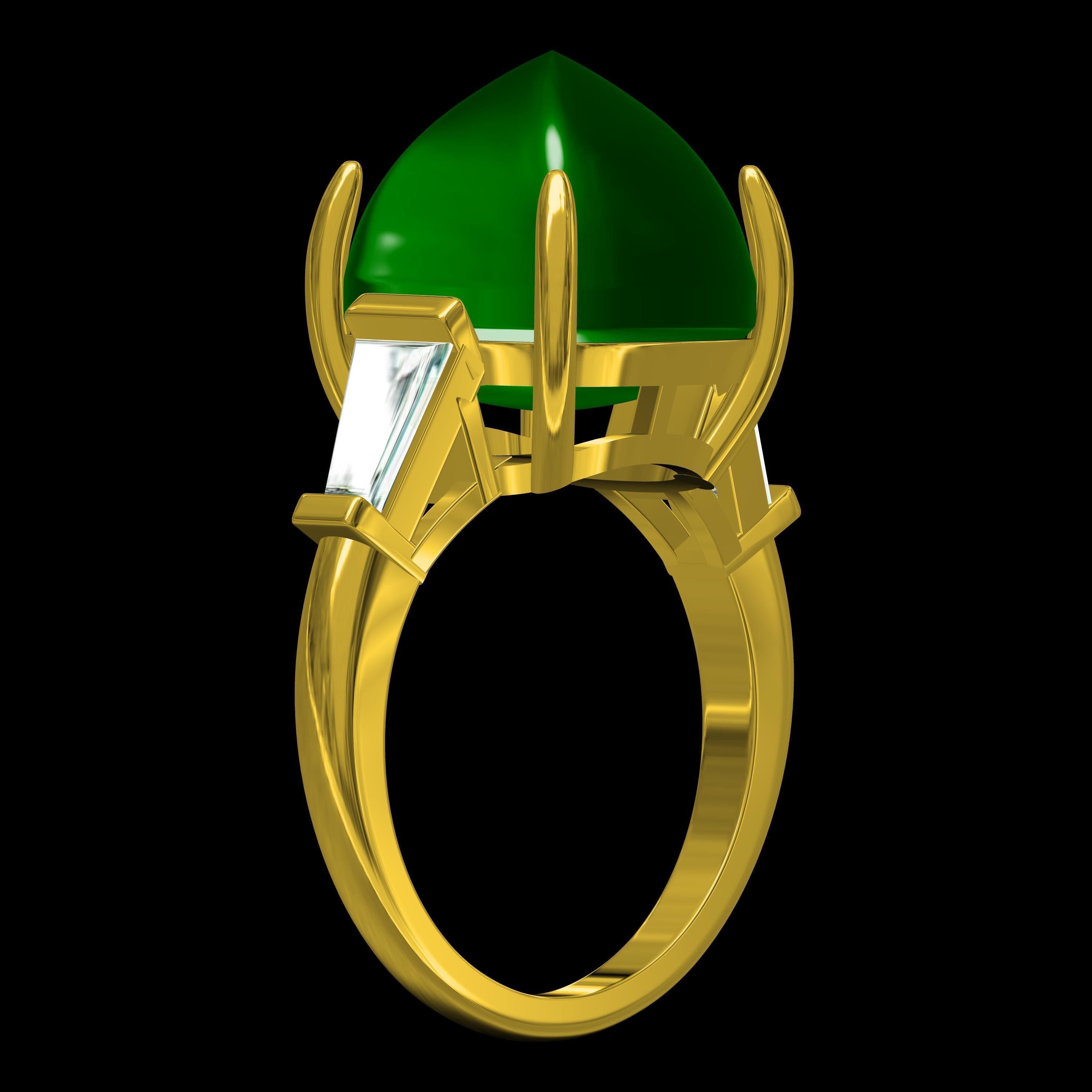 Emerald Cabochon and Baguette Diamond Three Stone Ring 3D print model_11