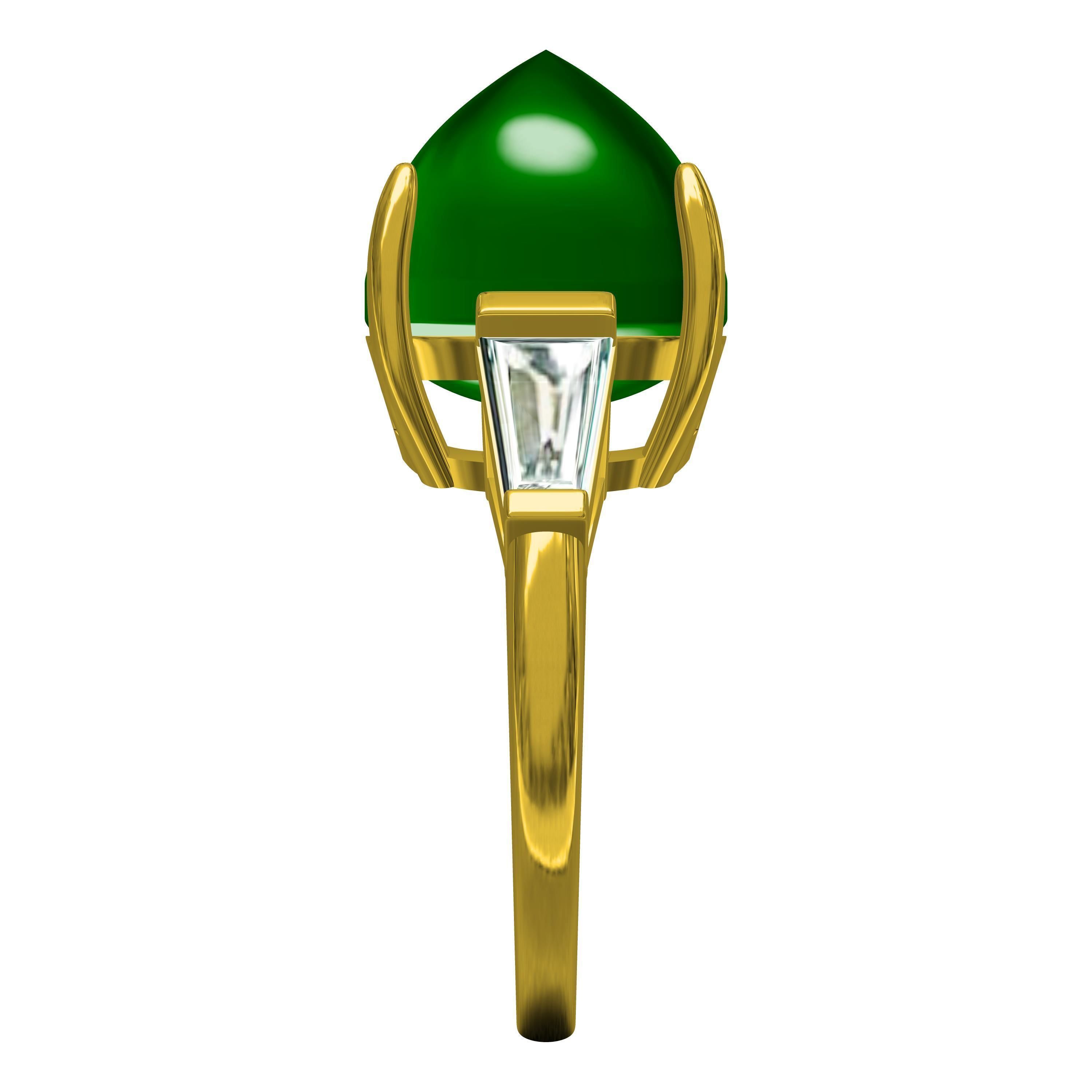 Emerald Cabochon and Baguette Diamond Three Stone Ring 3D print model_4