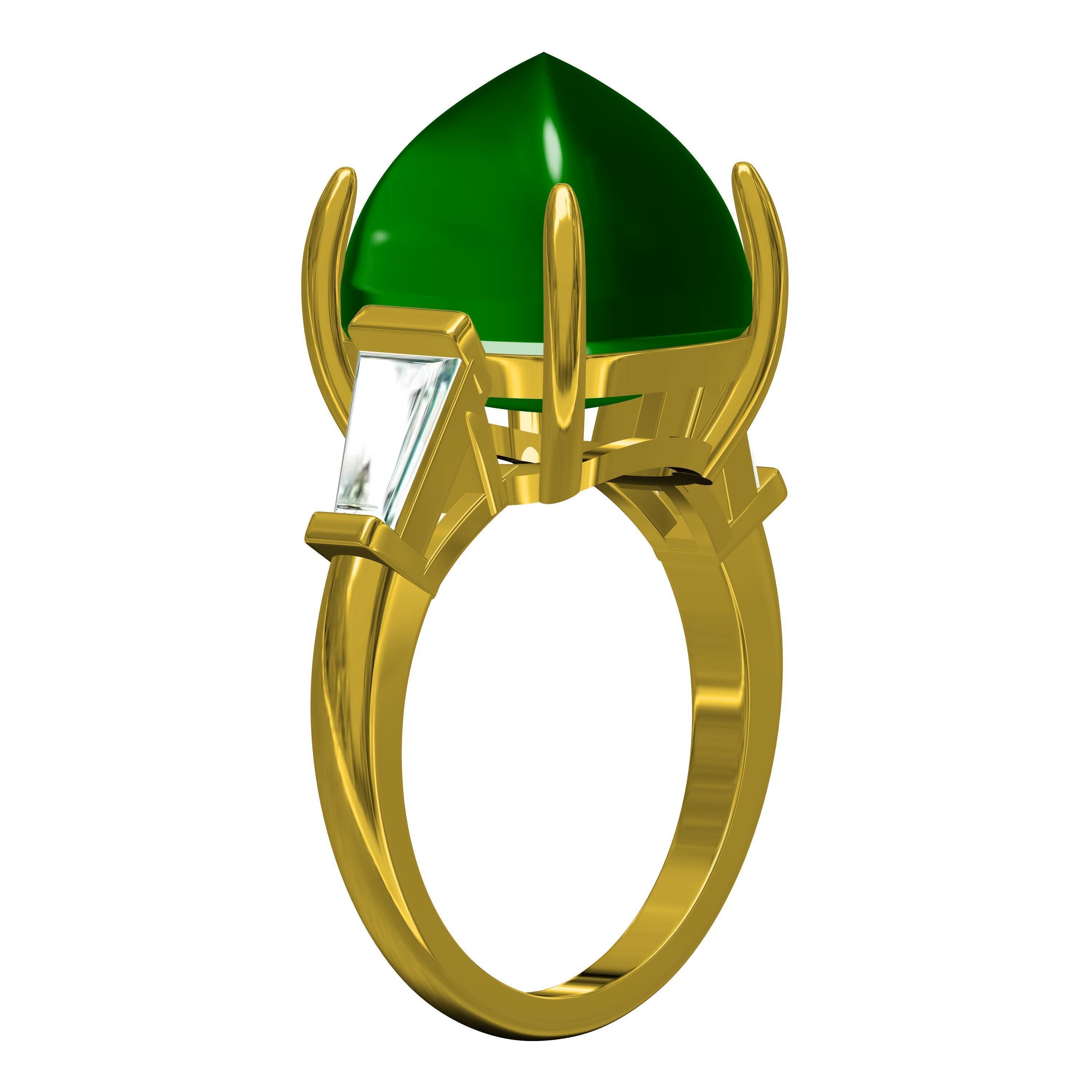Emerald Cabochon and Baguette Diamond Three Stone Ring 3D print model_6