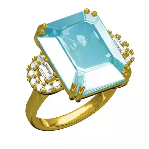 Antique Aquamarine Emerald Cut Diamond Cocktail Ring