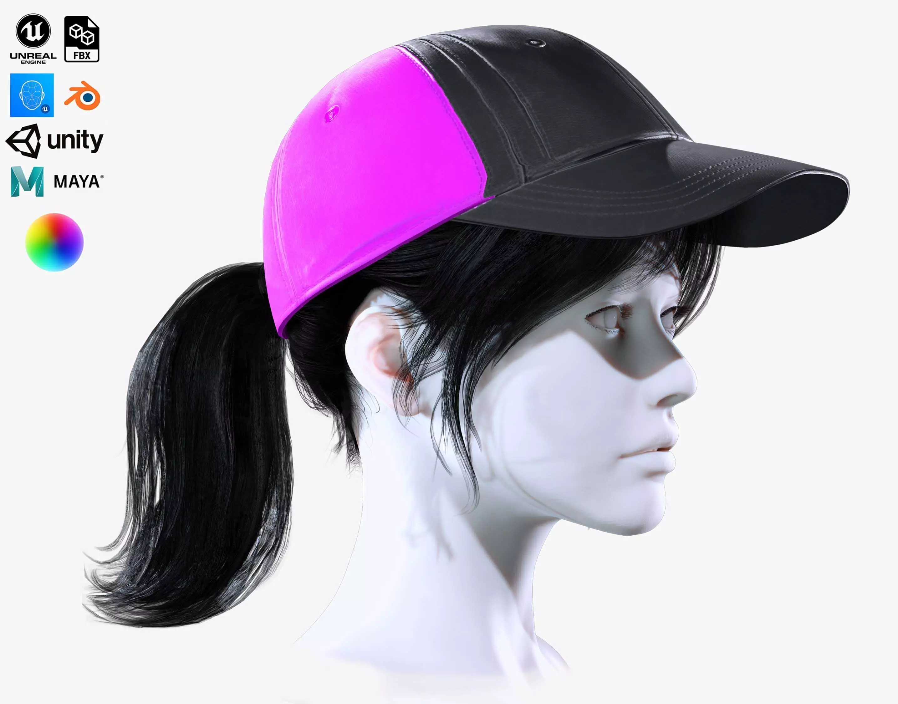Female Ponytail Hair With Hat Low-poly 3D model