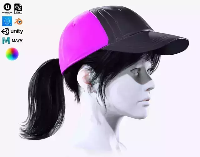 Female Ponytail Hair With Hat Low-poly 3D model