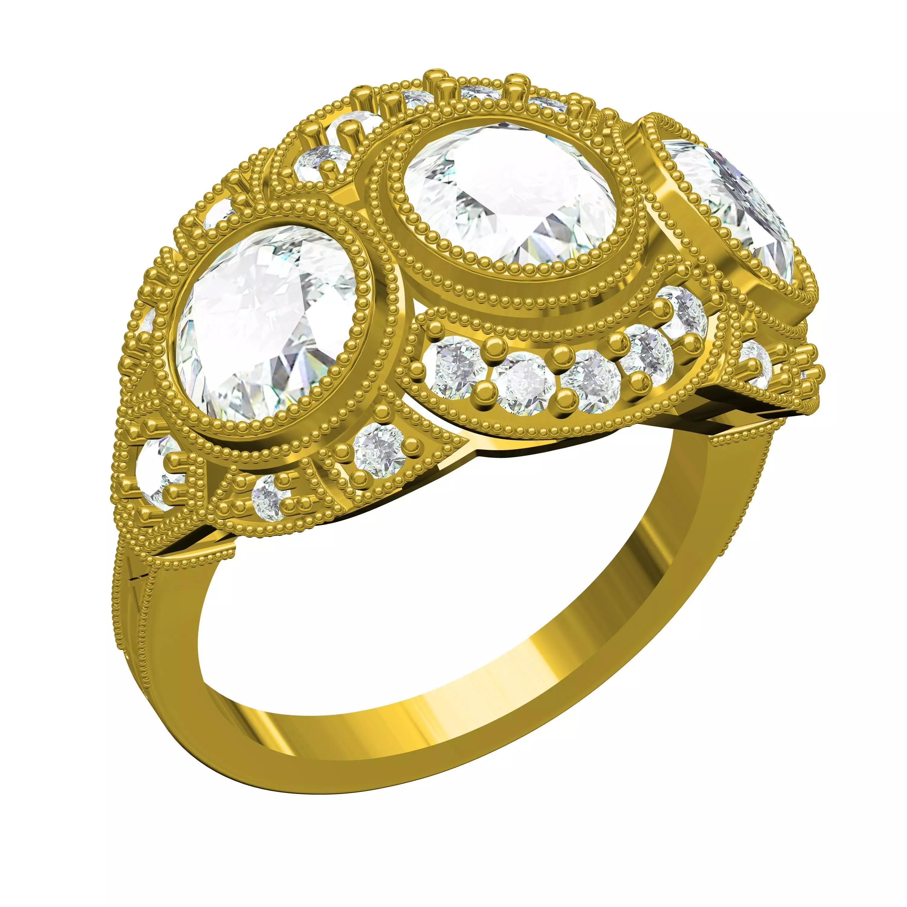 Three Stone Diamond Halo Art Deco Ring 3D print model