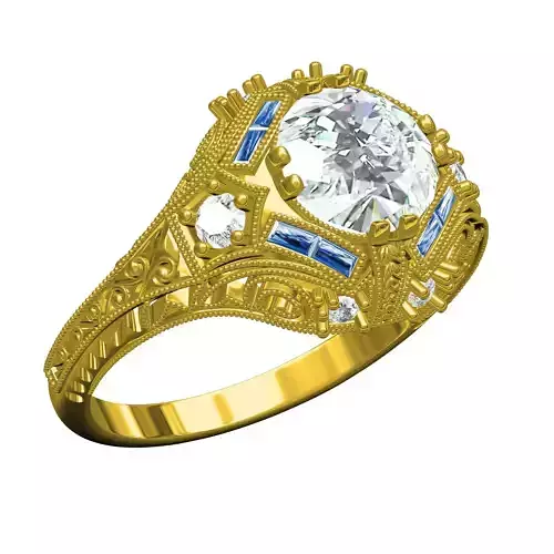 Round Diamond and Baguette Diamond Filigree Art Deco Ring