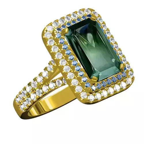 Emerald Stone Double Halo Micro Prong Set Solitaire Ring