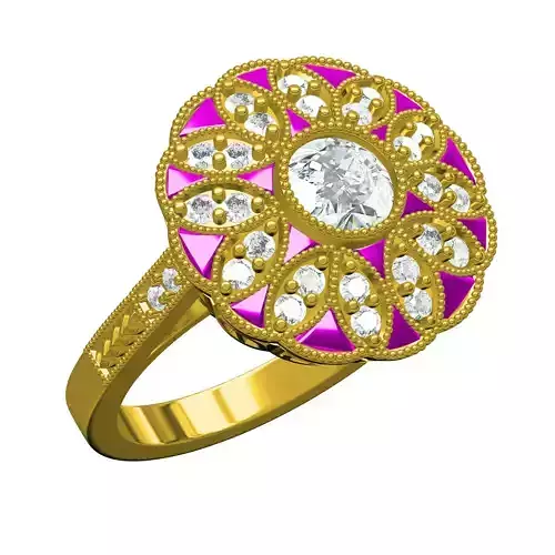 Round Diamond and Pink Ruby Stone Art Deco Engagement Ring