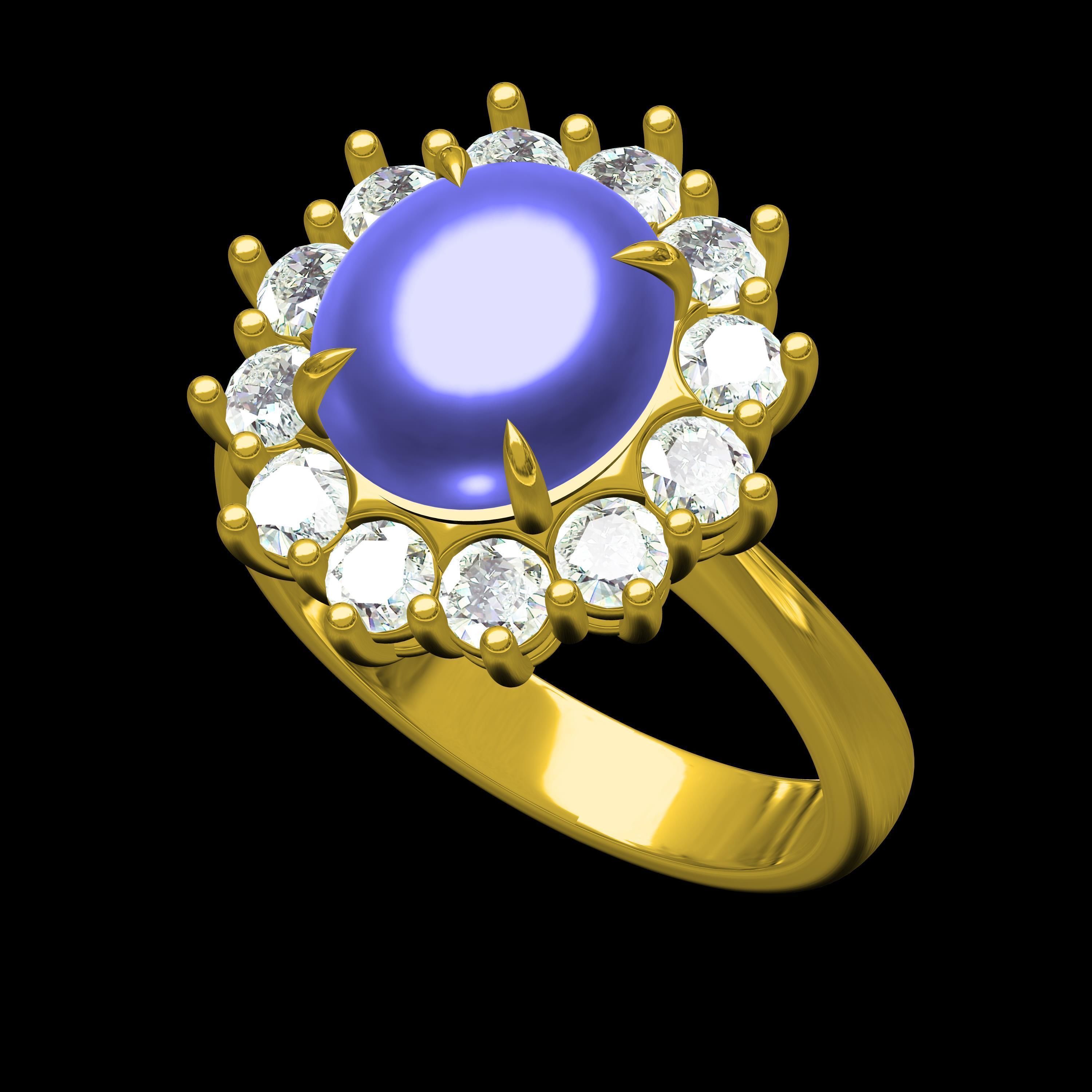 Unique Cabochon Stone Round Diamond Cluster Ring 3D print model_8