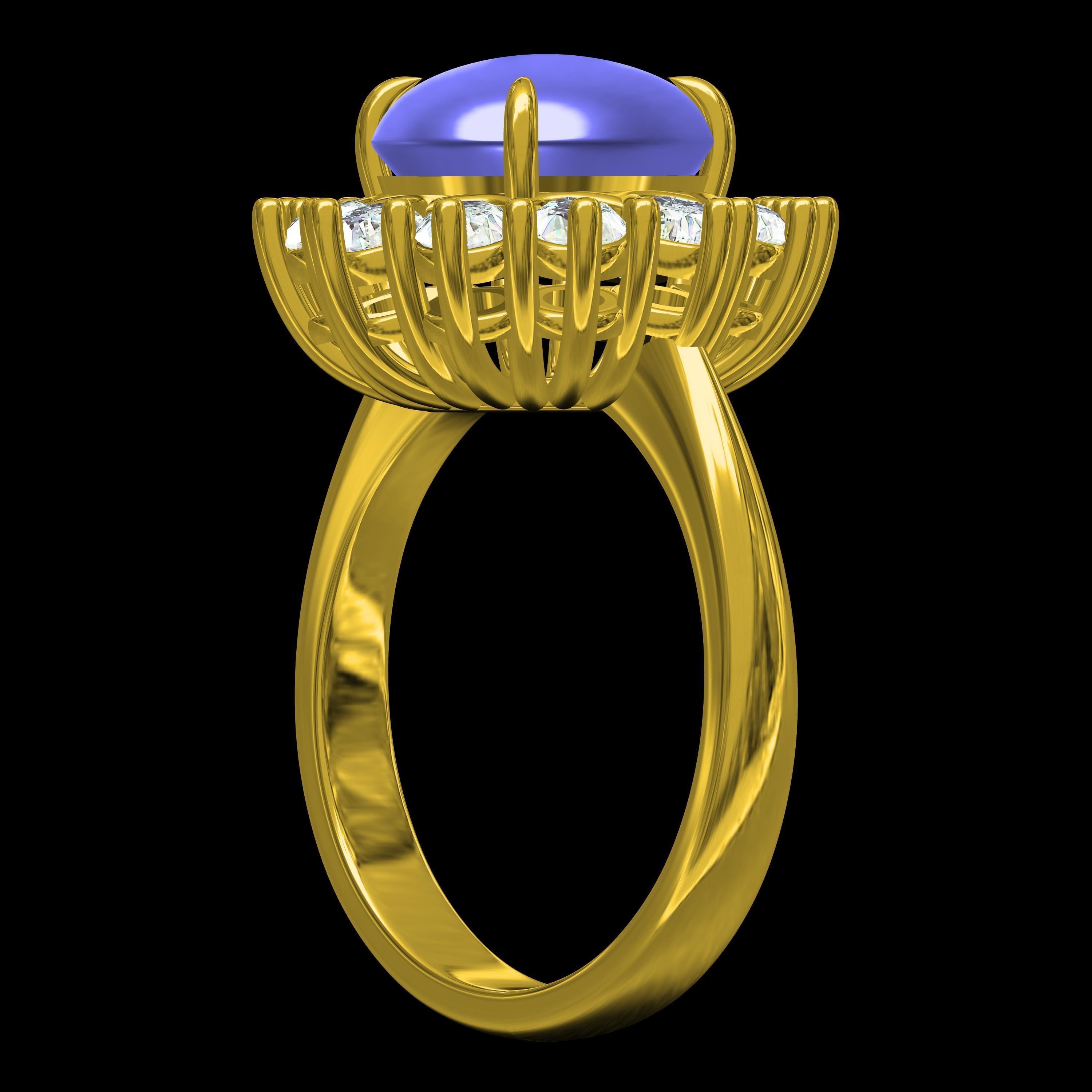 Unique Cabochon Stone Round Diamond Cluster Ring 3D print model_10