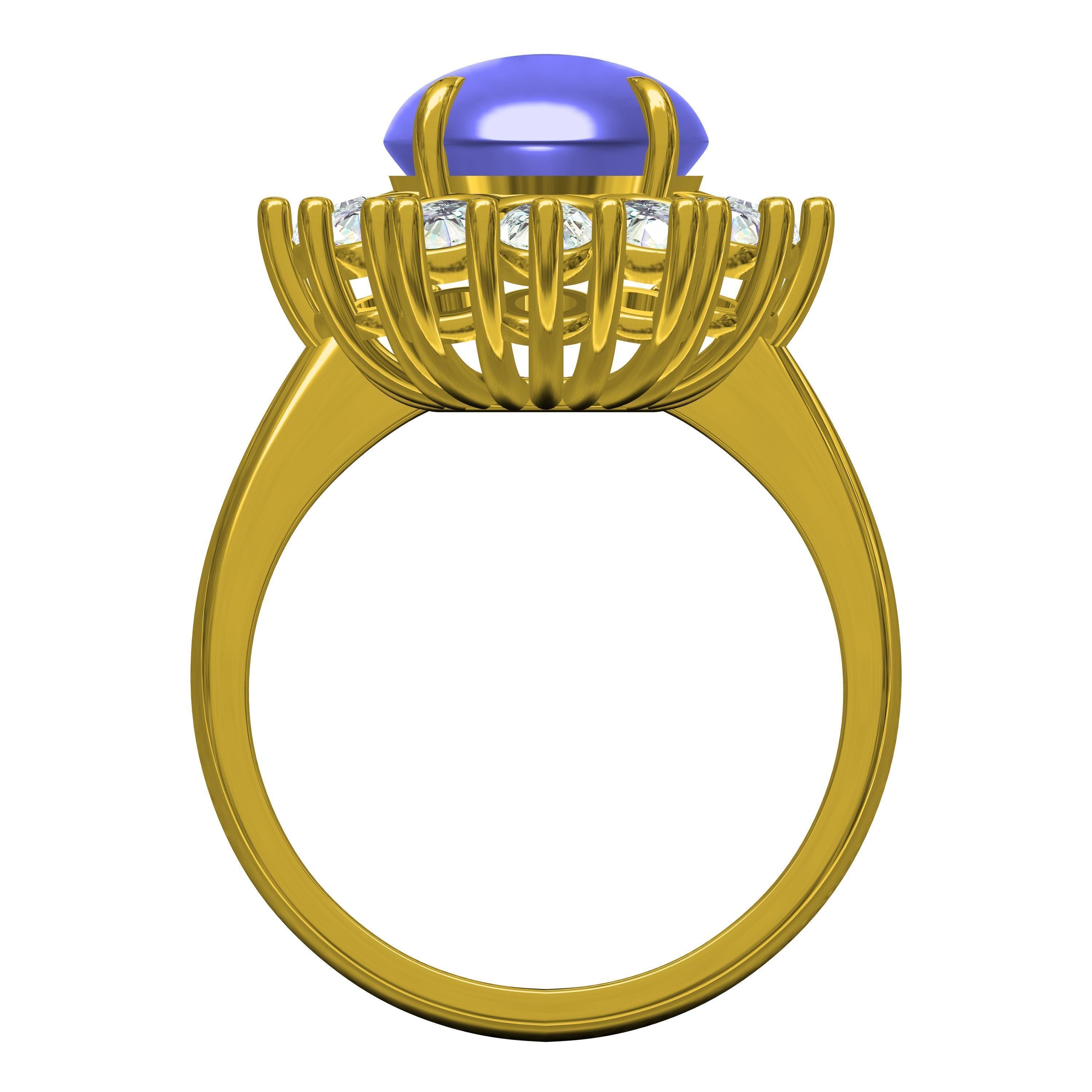 Unique Cabochon Stone Round Diamond Cluster Ring 3D print model_3