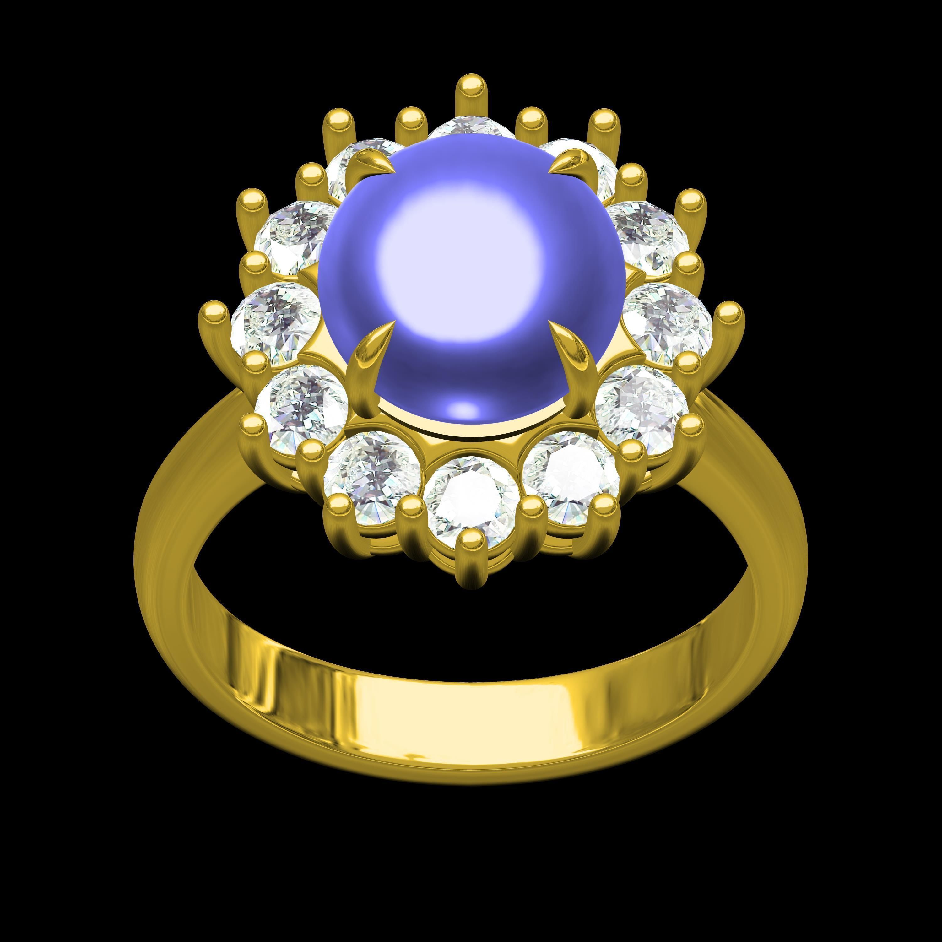 Unique Cabochon Stone Round Diamond Cluster Ring 3D print model_7
