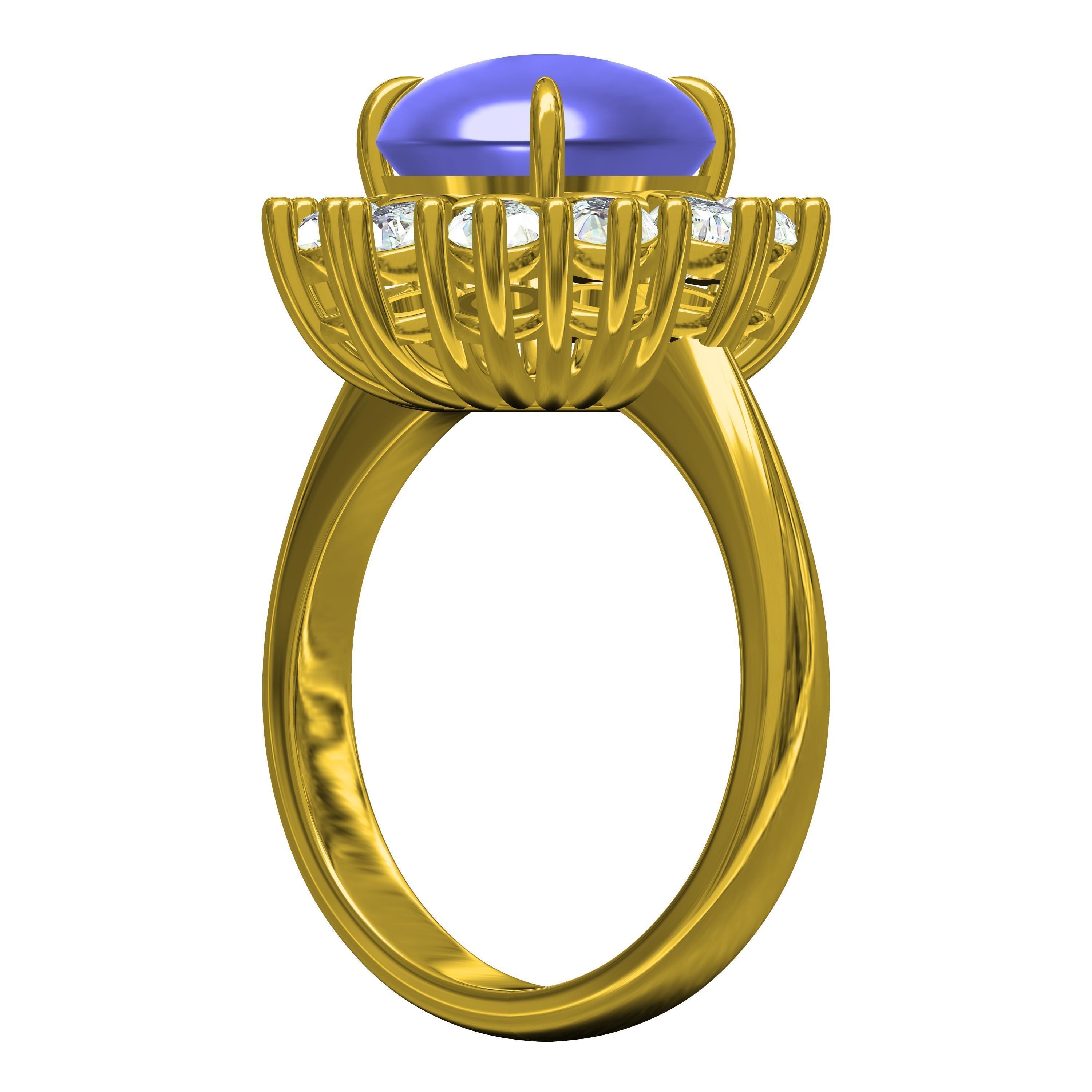 Unique Cabochon Stone Round Diamond Cluster Ring 3D print model_5