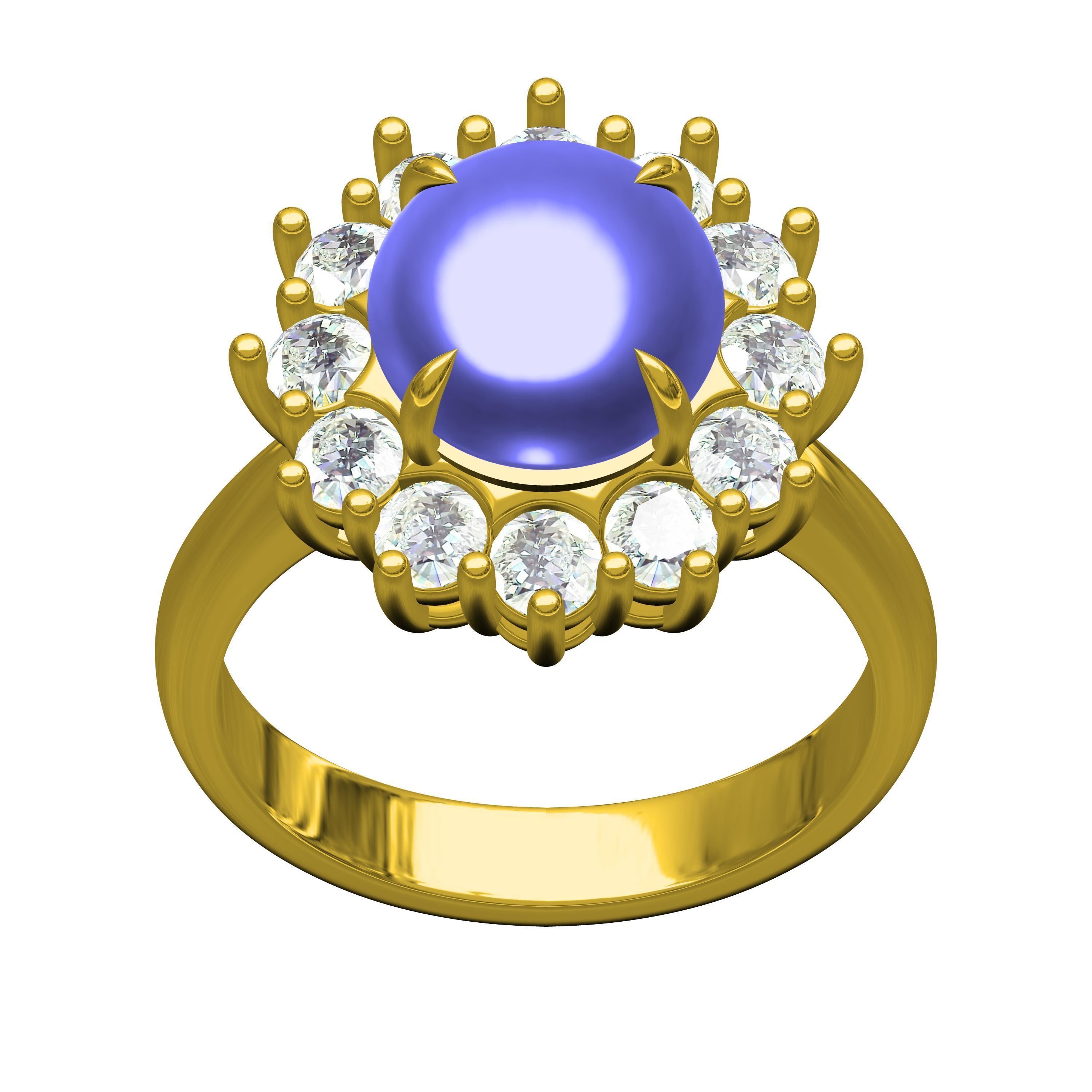 Unique Cabochon Stone Round Diamond Cluster Ring 3D print model_2