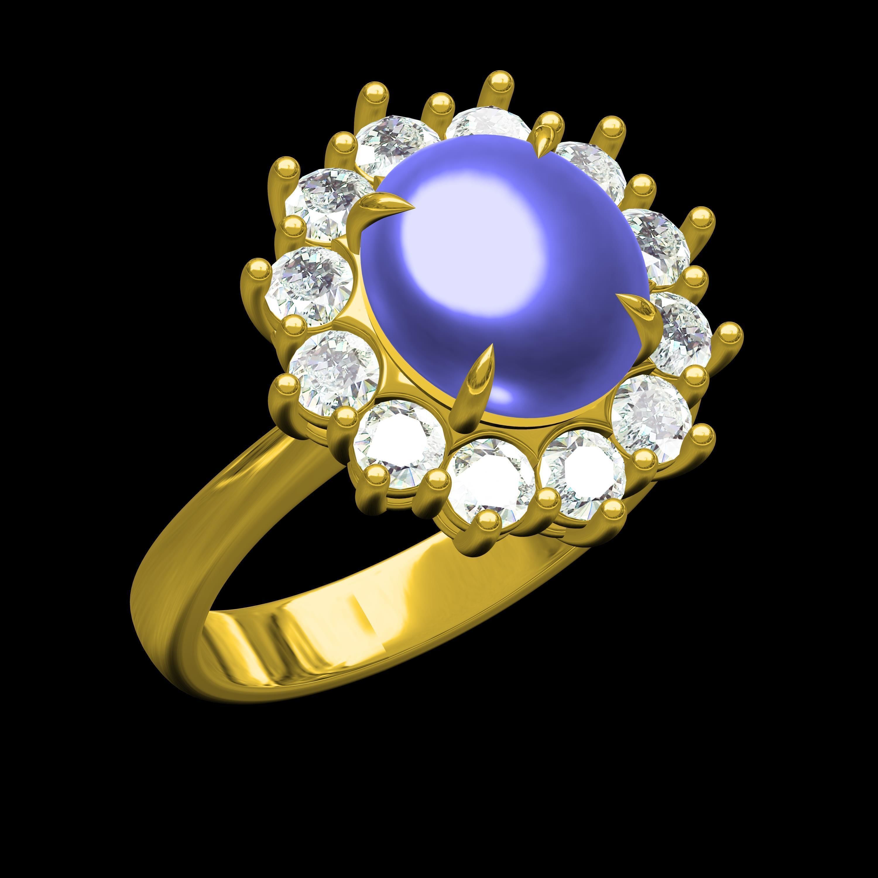 Unique Cabochon Stone Round Diamond Cluster Ring 3D print model_9