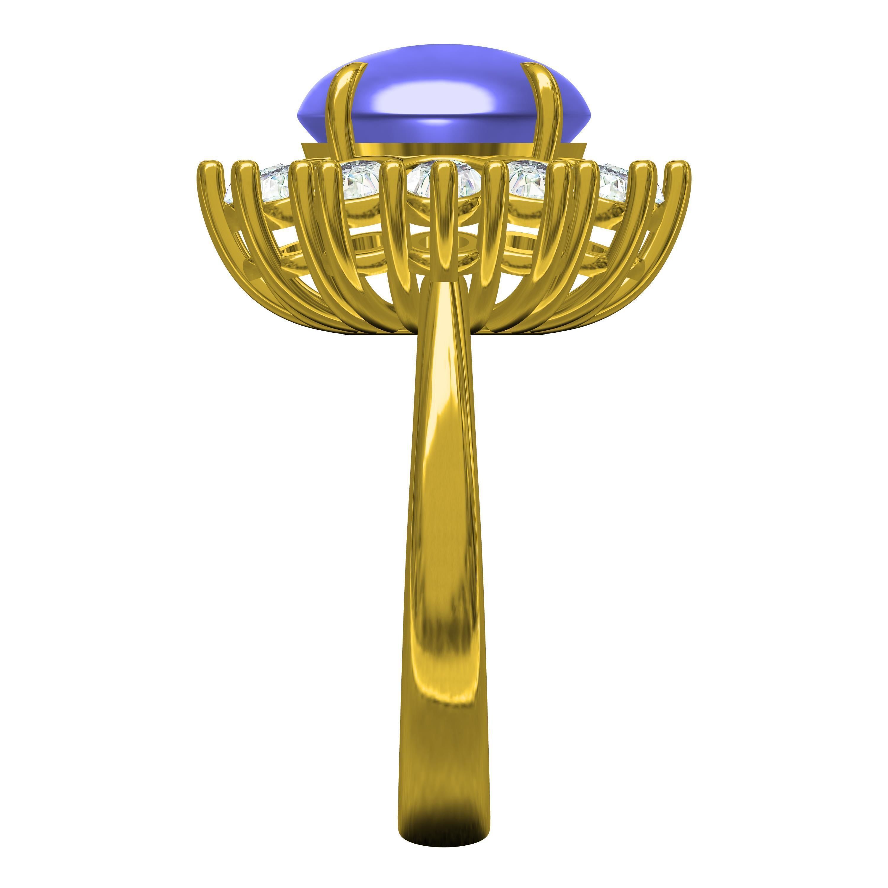 Unique Cabochon Stone Round Diamond Cluster Ring 3D print model_4