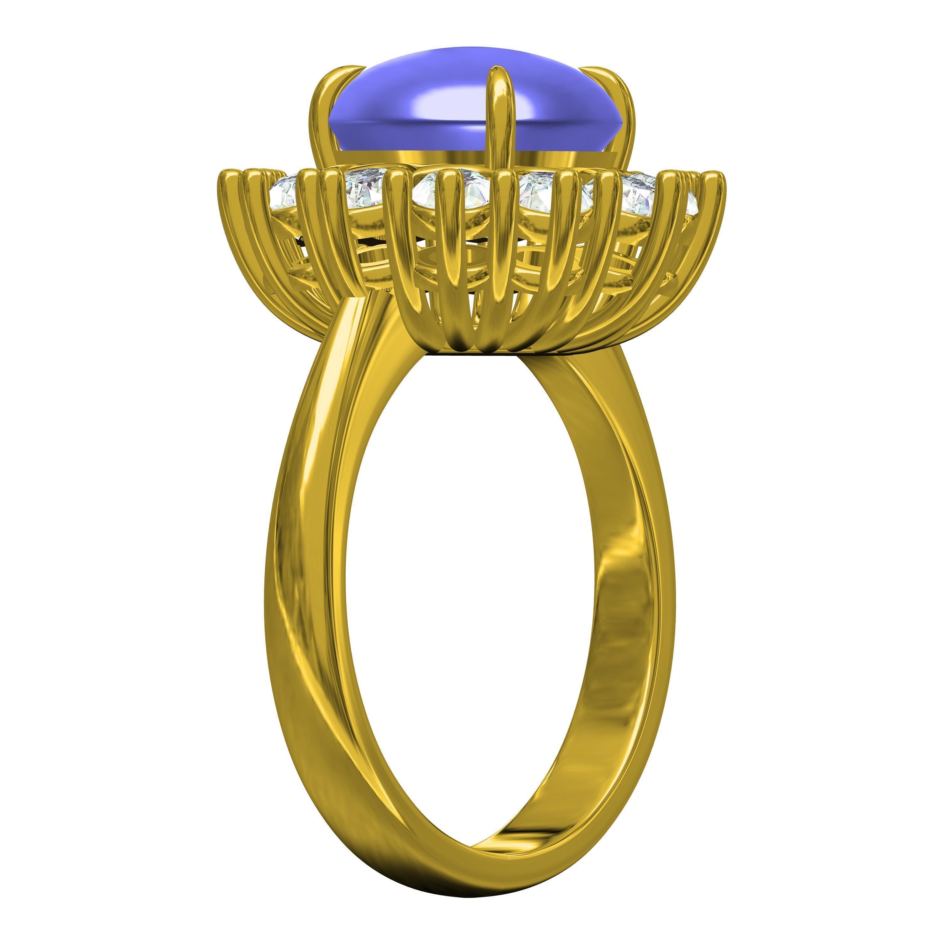 Unique Cabochon Stone Round Diamond Cluster Ring 3D print model_6
