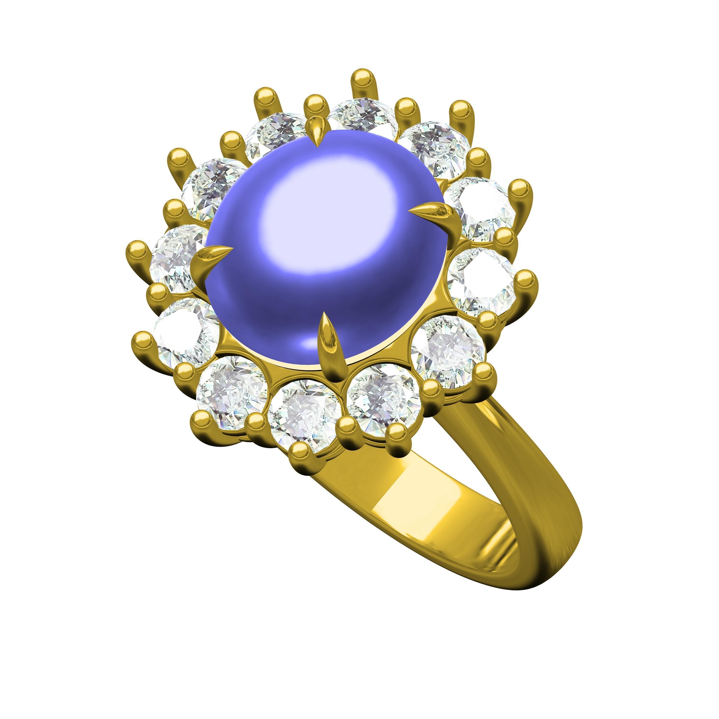 Unique Cabochon Stone Round Diamond Cluster Ring 3D print model_1