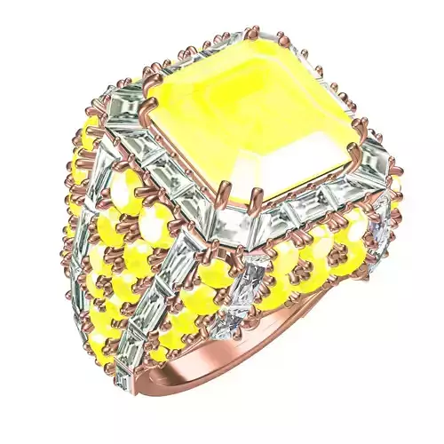 Unique Octagon Stone Round and Baguette Diamond Cocktail Ring