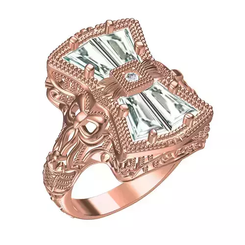 Antique Round and Baguette Diamond Filigree Art Deco Ring