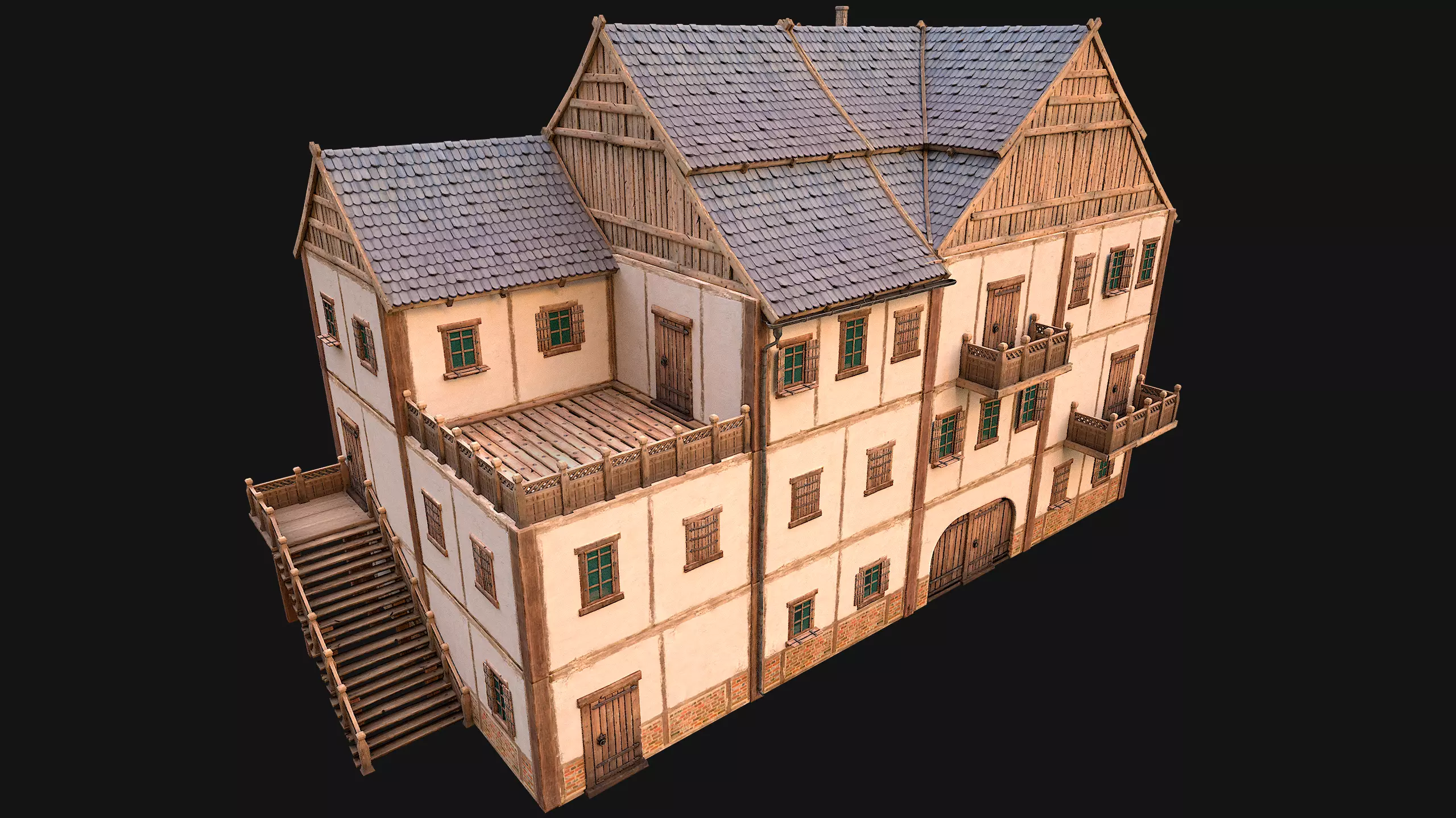 Medieval Town House Hotel Palace Low-poly 3D model_0