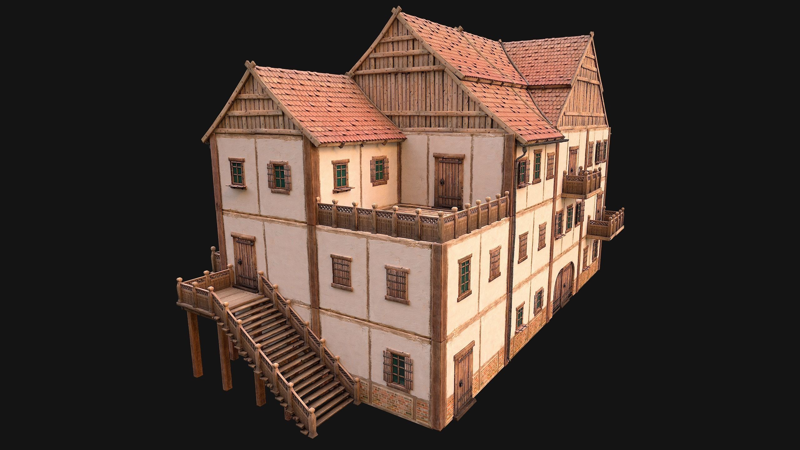 Medieval Town House Hotel Palace Low-poly 3D model_6