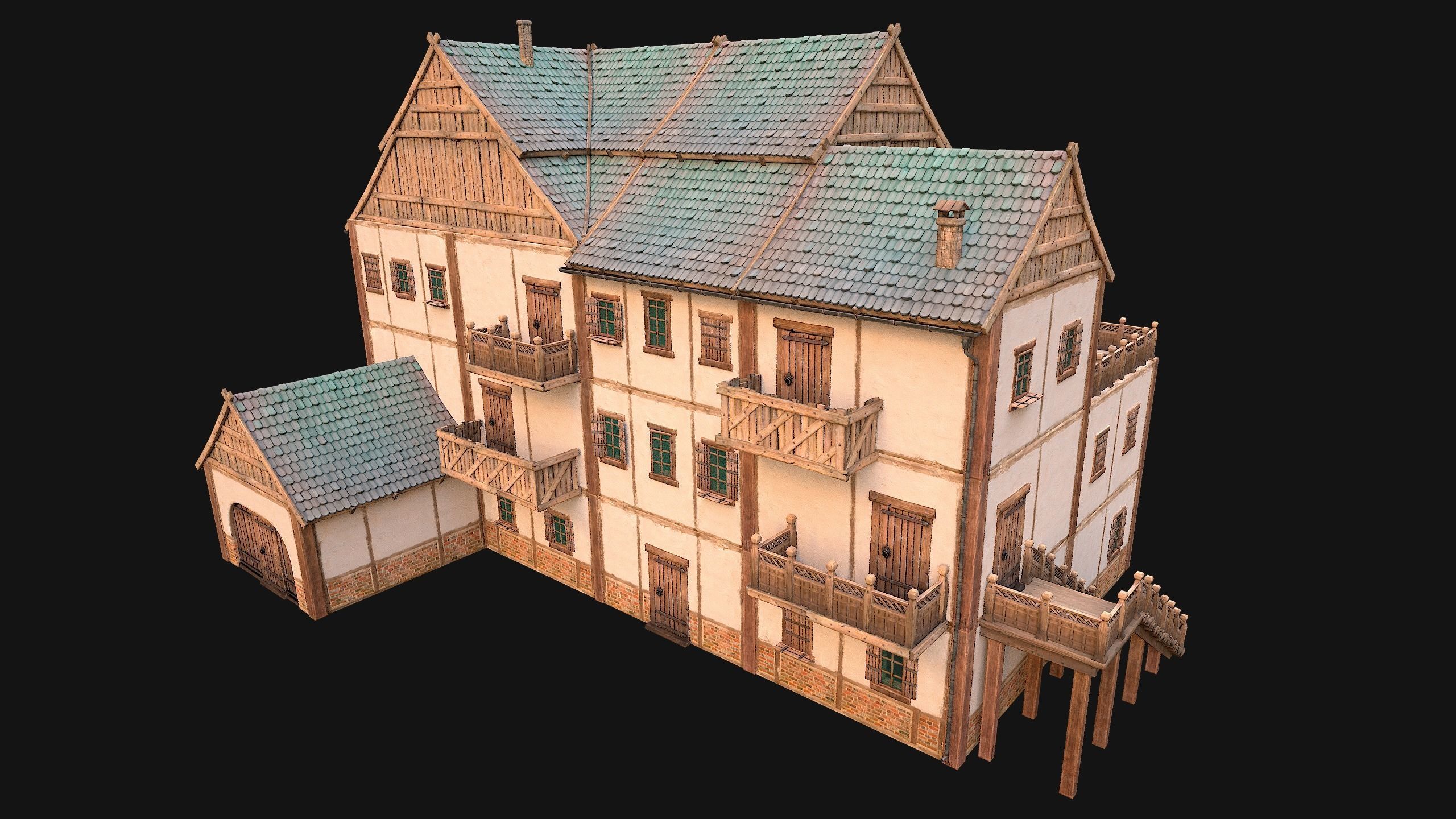 Medieval Town House Hotel Palace Low-poly 3D model_10