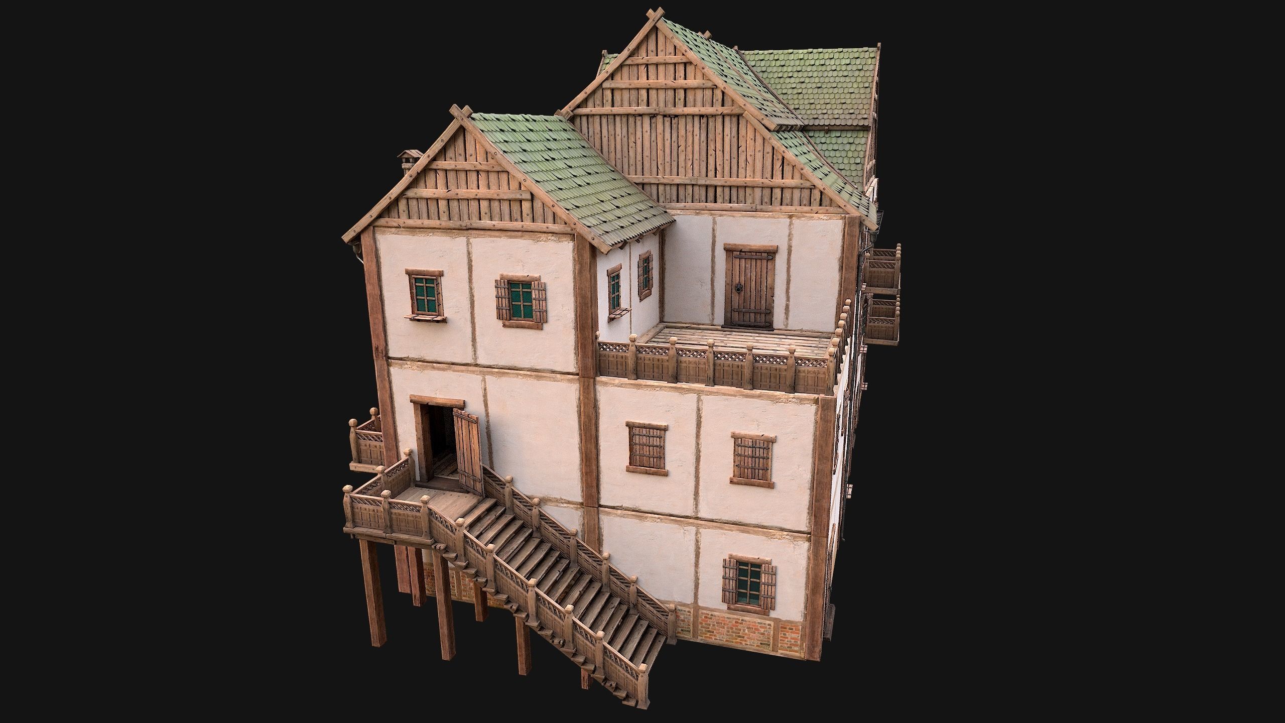 Medieval Town House Hotel Palace Low-poly 3D model_7