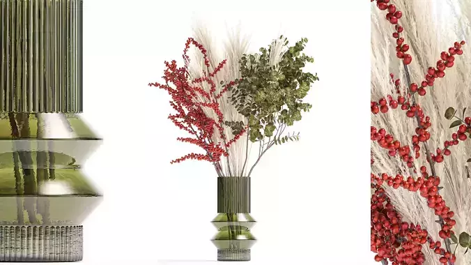bouquet of dried flowers vase reed grass branches Red berries 