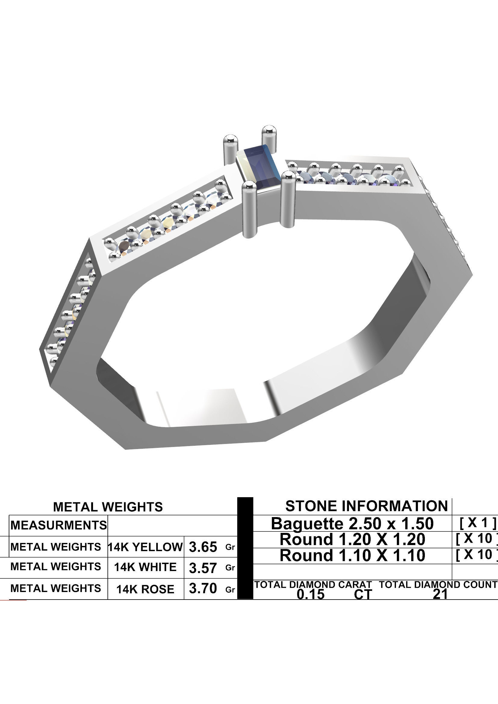 Geometric Baguette Diamond Ring with Octagon Shape STL 3DM 3D print model_7