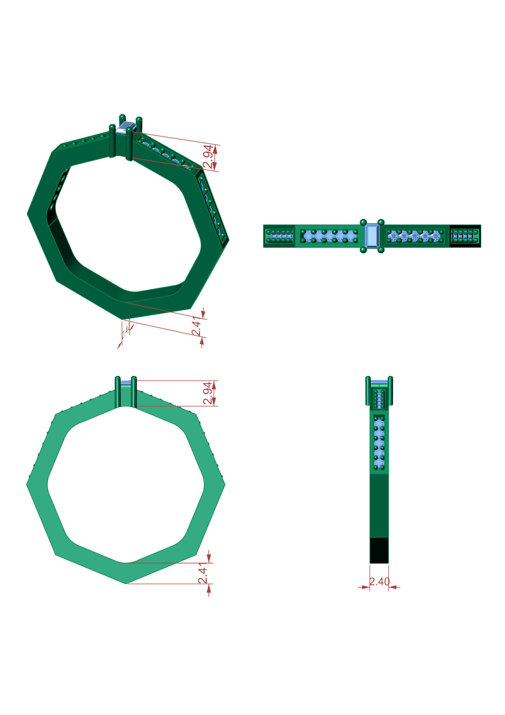 Geometric Baguette Diamond Ring with Octagon Shape STL 3DM 3D print model_6