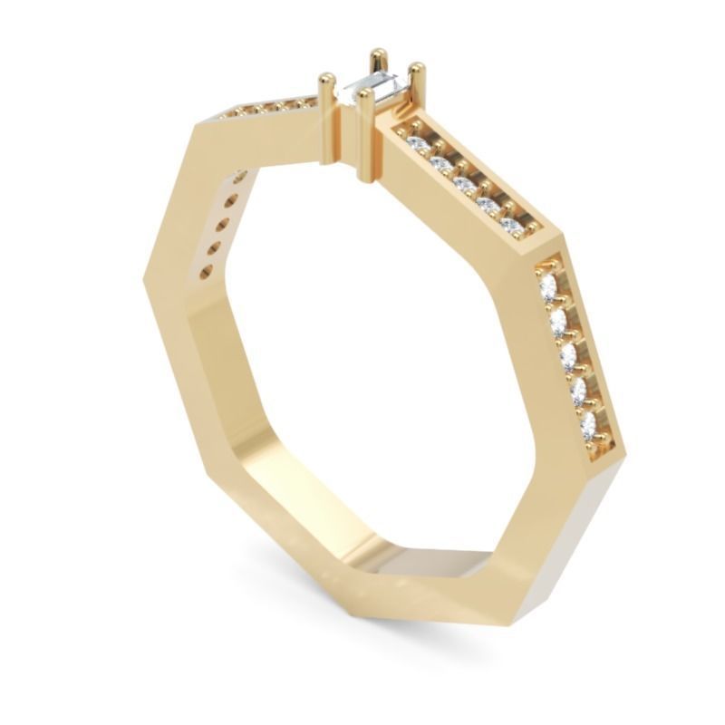 Geometric Baguette Diamond Ring with Octagon Shape STL 3DM 3D print model_1