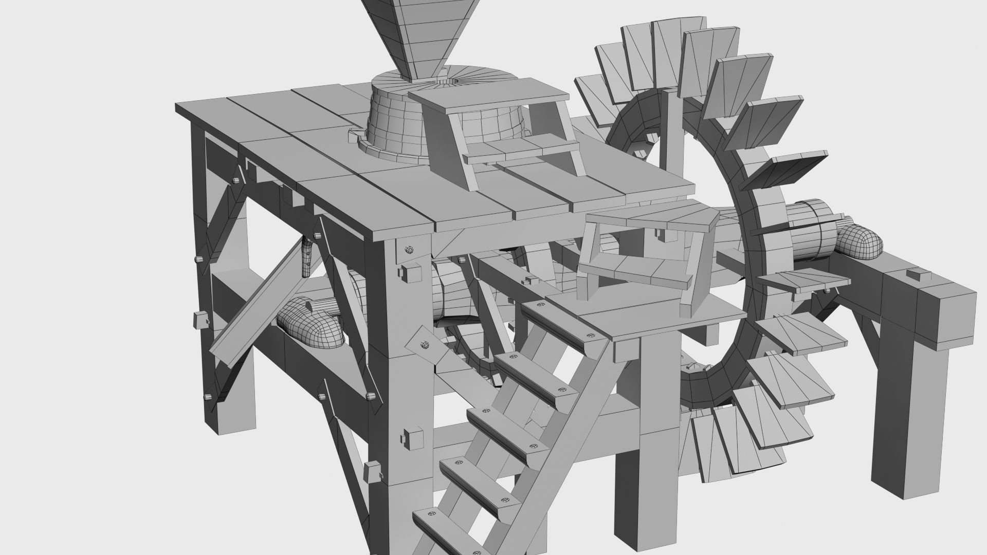 Enterable small early medieval watermill Low-poly 3D model_53