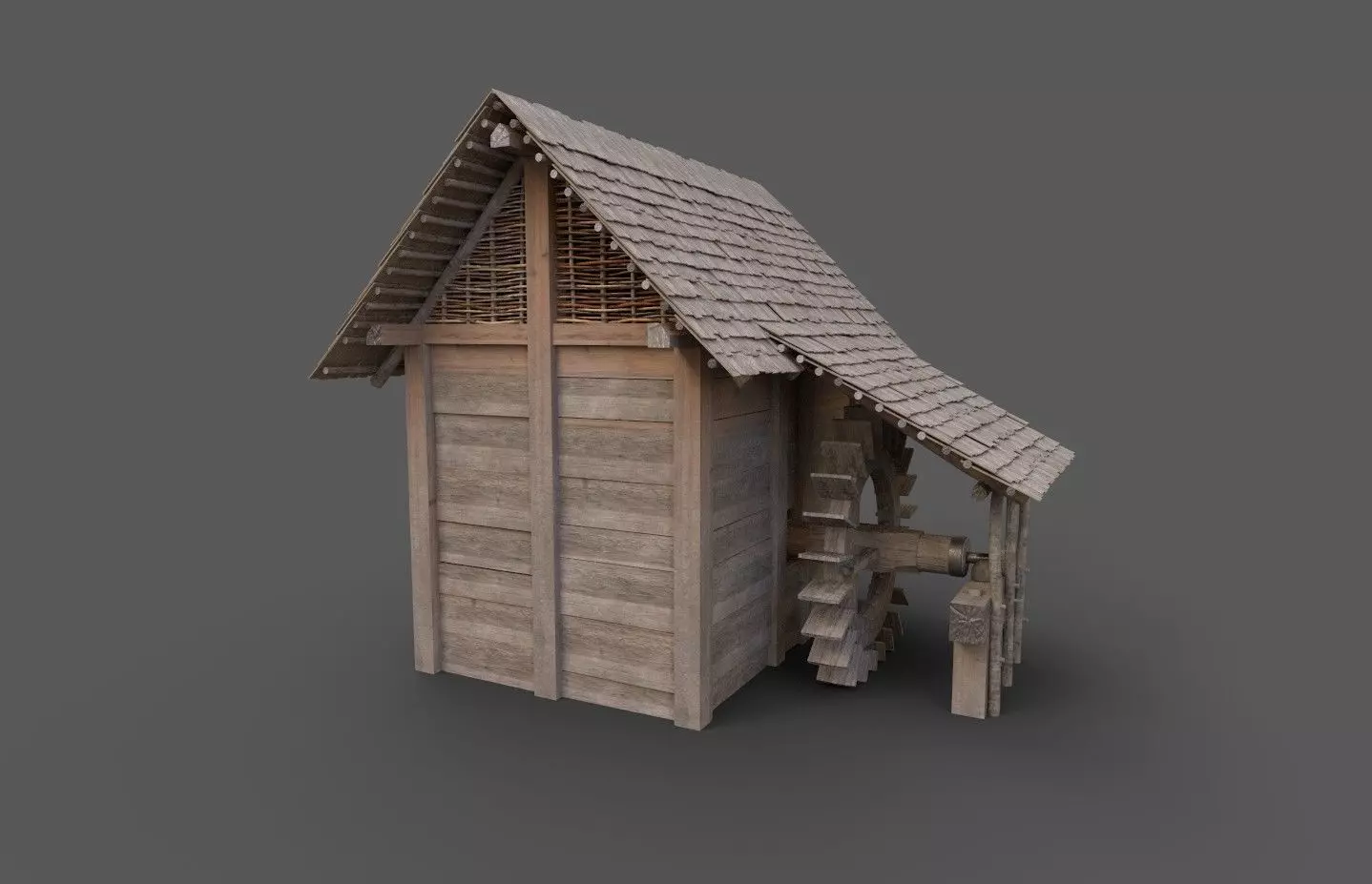 Enterable small early medieval watermill Low-poly 3D model_0