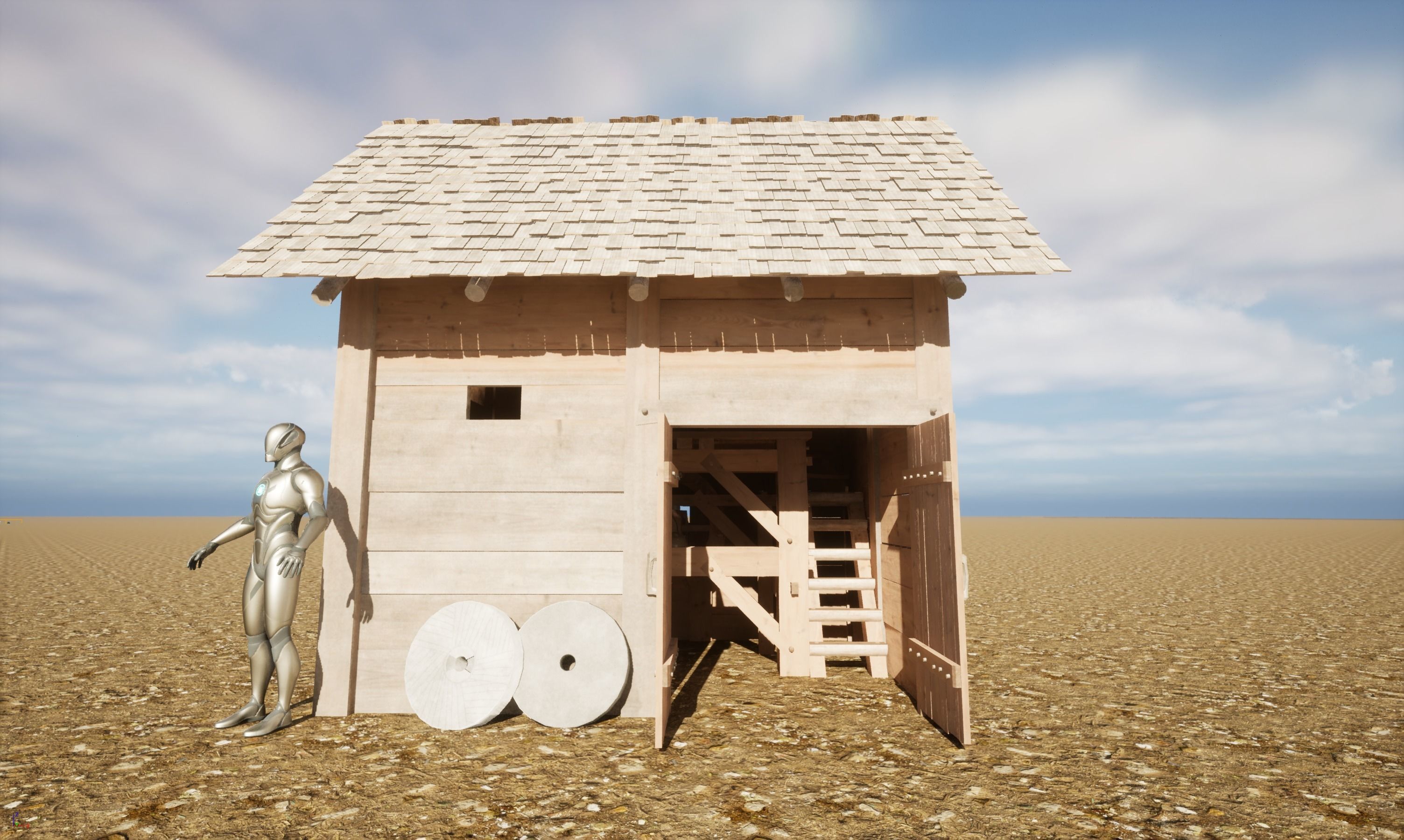 Enterable small early medieval watermill Low-poly 3D model_40
